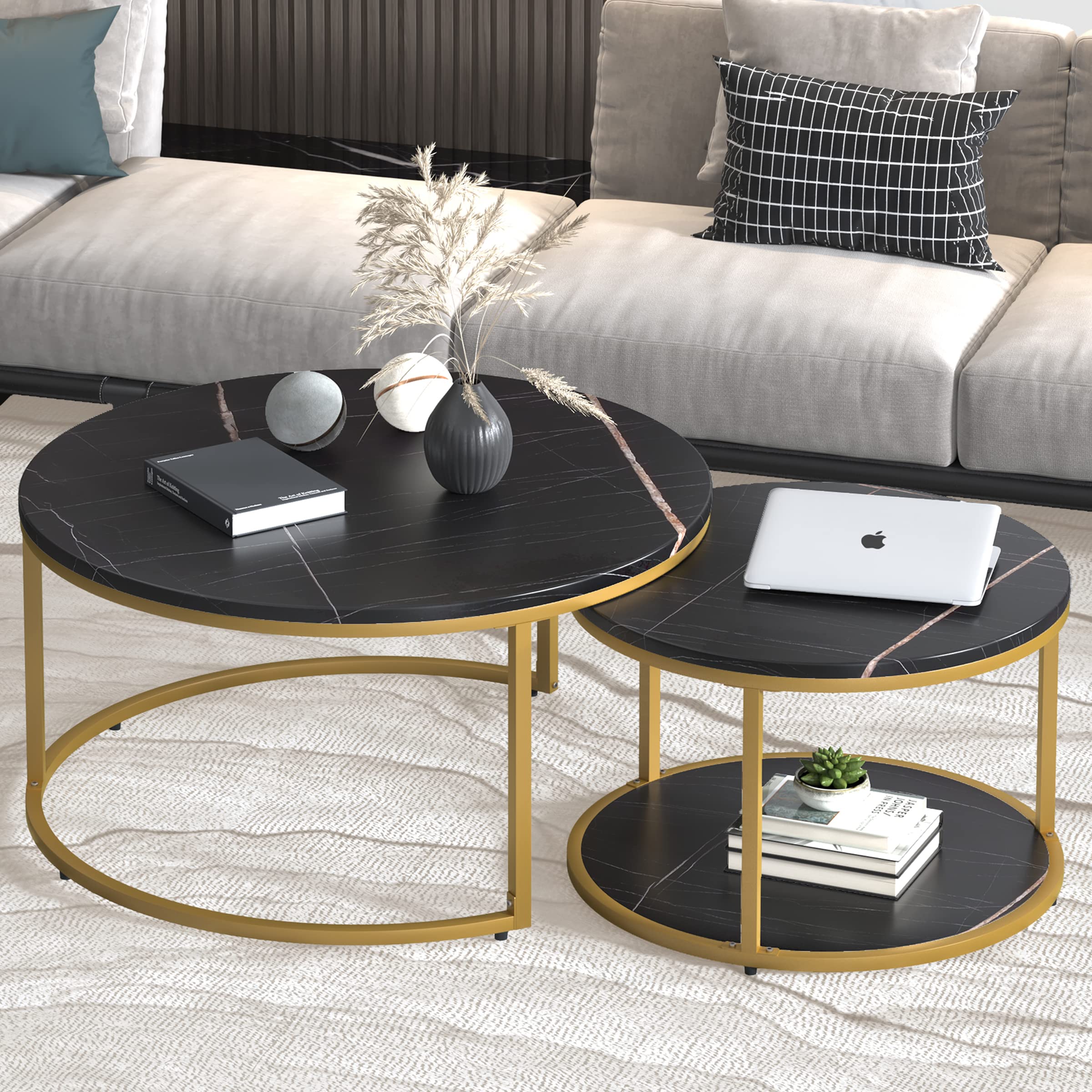 Modern Round Nesting Coffee Table Set of 2 - 34 Inch Wooden Circle Accent Tables with Gold Metal Frame for Living Room, Balcony & Office - Easy Assembly Black & Black - Perfect for Small Spaces, Home Decor & Coffee Time