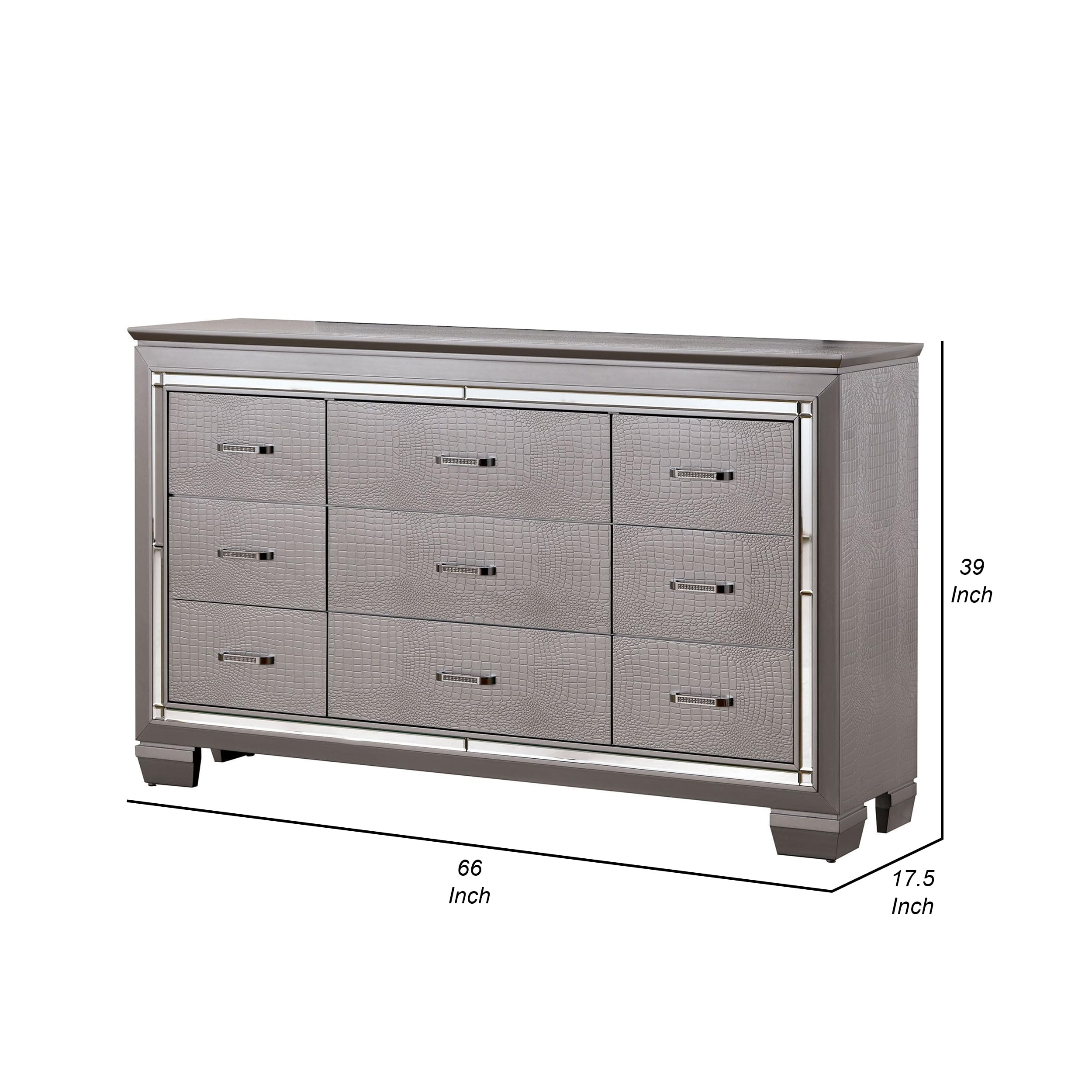 Benjara Benzara Crocodile Textured Wooden Dresser with 6 Drawers - Gray Modern Bedroom Storage Furniture for Home Organization & Bedroom Decor