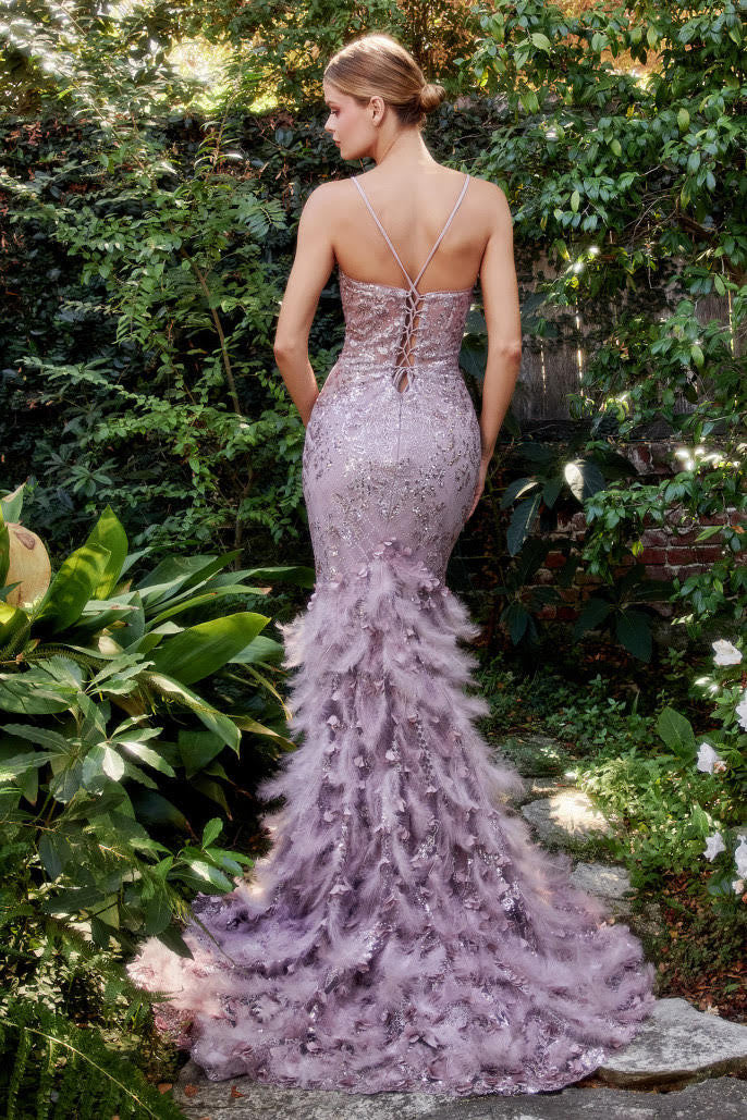 Elegant Feather Mermaid Gown A1116 MAUVE by Andrea & Leo - Perfect for Prom, Evening Gala, and Special Occasions