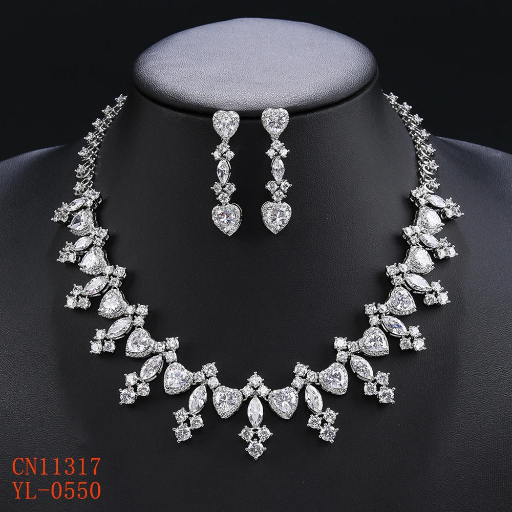 Elegant Multi-Color Cubic Zirconia Heart Necklace & Earrings Set - Wedding, Bridal, Anniversary Jewelry Gift for Her - Perfect for Romantic Dates, Proposals, and Special Occasions