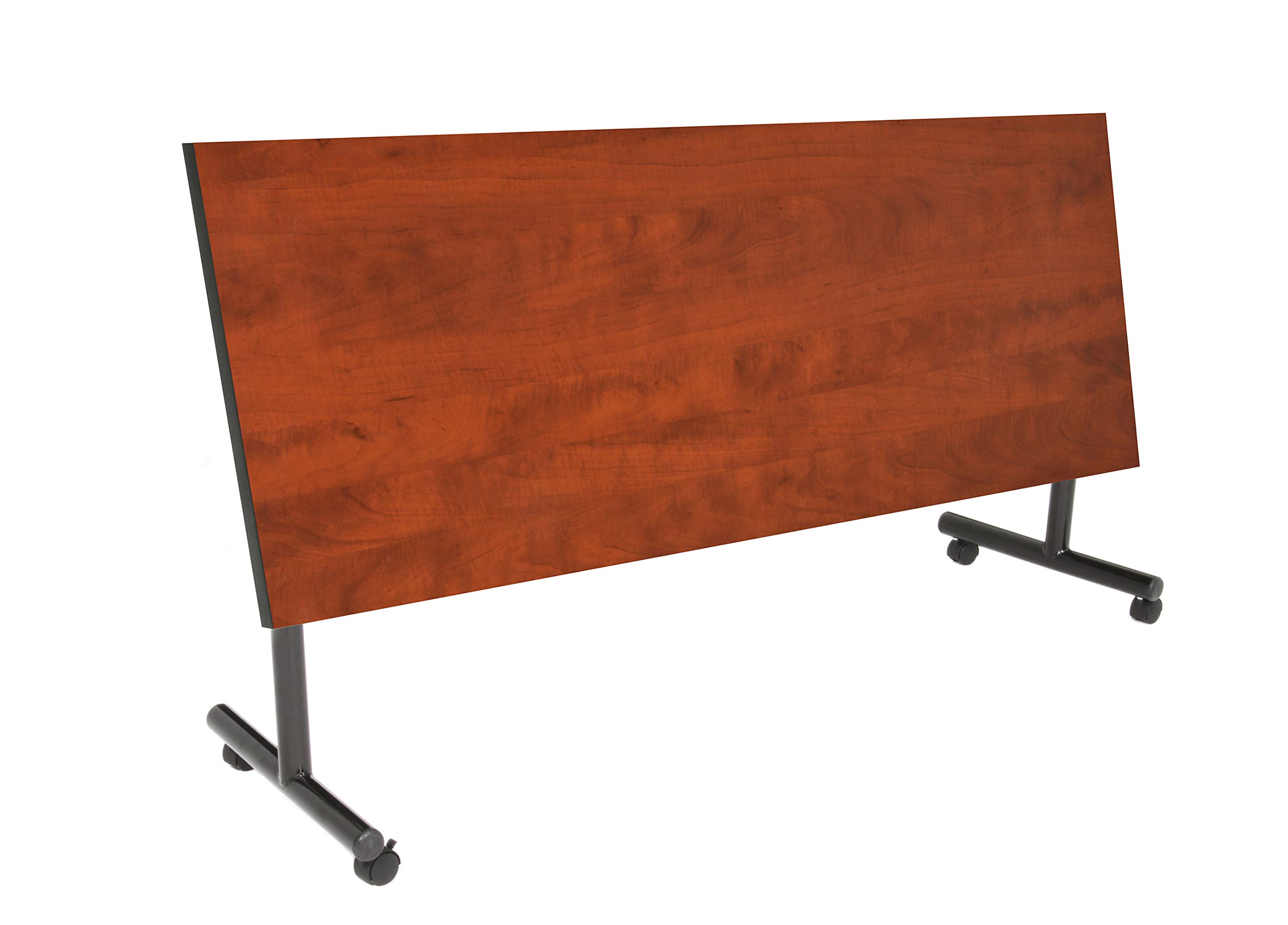 Kobe 72 Inch Flip Top Mobile Training Table with Cherry Finish & 2 'M' Stack Chairs in Grey - Portable Folding Table for Office, Classroom, Conference Room, and Home Use