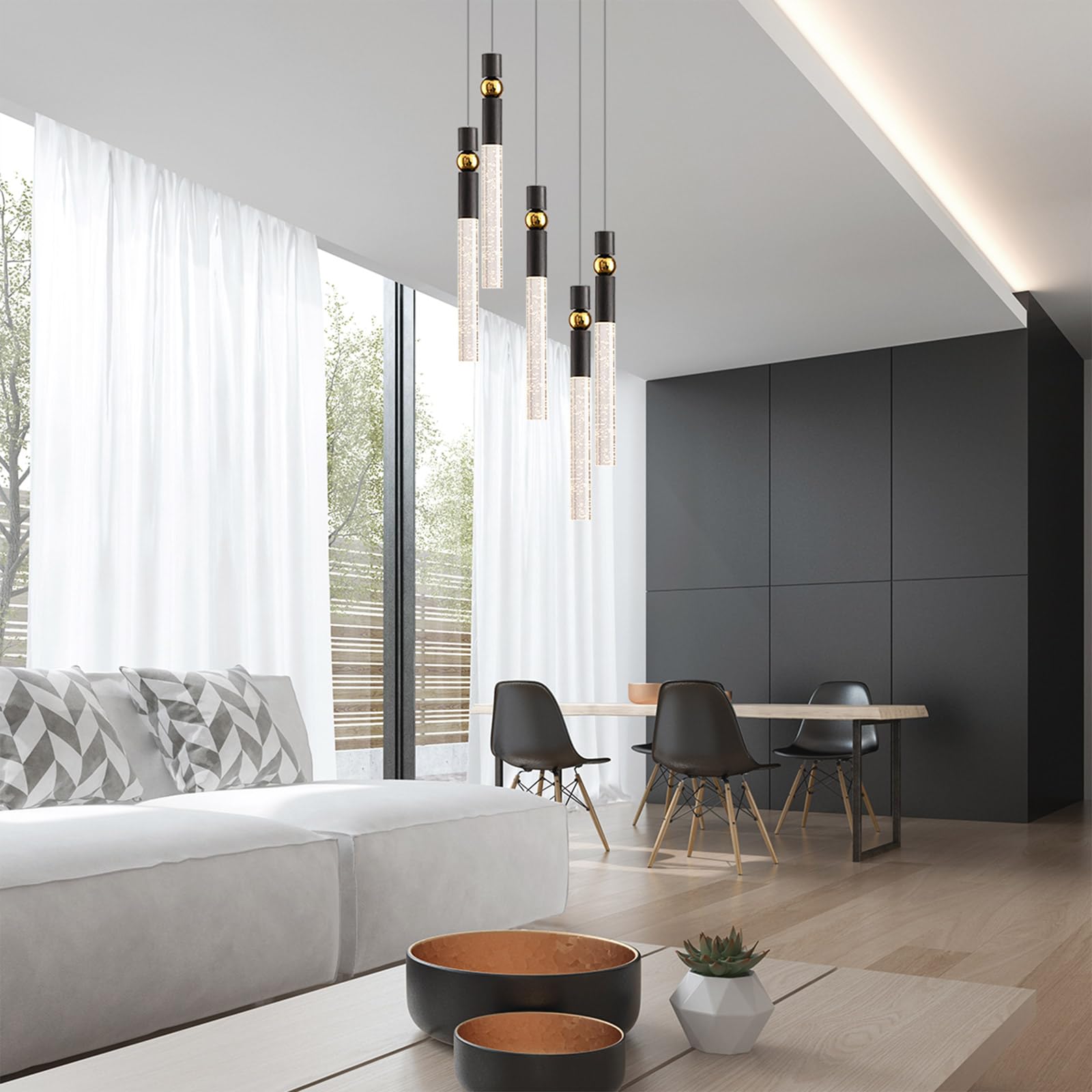 JoollySun Modern Crystal Pendant Light Fixture - 5-Light Cluster LED Chandelier for Kitchen Island, Dining Room Table in Black Gold Finish | Perfect for Contemporary Home Decor & Restaurant Lighting