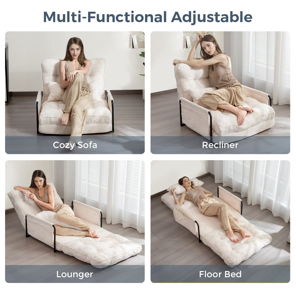 MAXYOYO Adjustable Floor Sofa Couch with Pillow - Boucle Convertible Lazy Sofa Sleeper Bed with Armrest - Single Size Beige - Perfect for Small Spaces, Living Rooms & Guest Beds