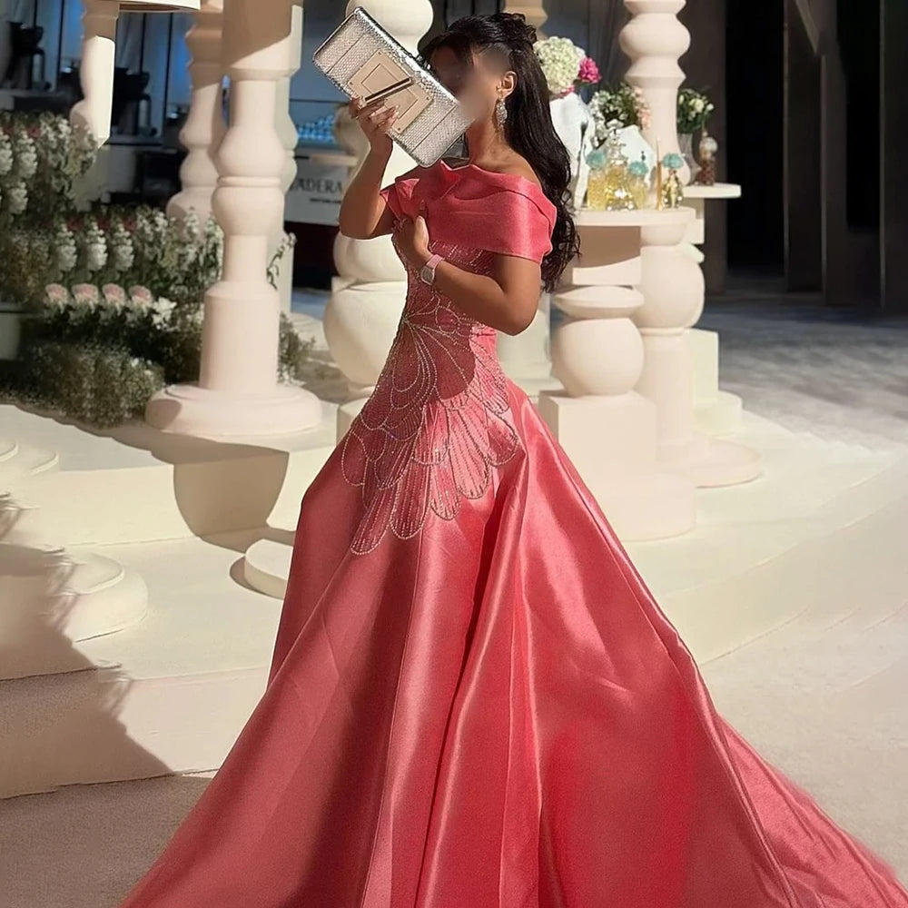 Luxury Dubai Arabic Pink A-Line Satin Beaded Saudi Evening Dress Gown for Women - Formal Occasion Wedding Party LA72195A | Elegant Islamic Abaya for Special Events & Celebrations