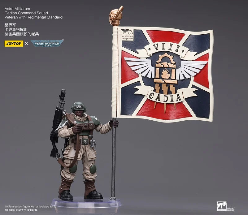 JOYTOY Warhammer 40K Astra Militarum Cadian Command Squad Veteran with Regimental Standard - Premium 28mm Scale Miniature for Tabletop Wargaming & Collectors