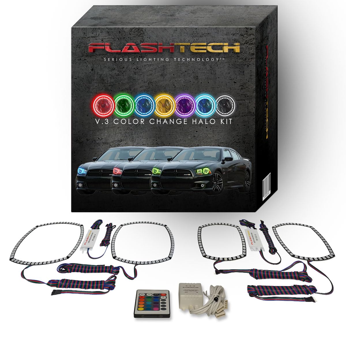 Flashtech V.3 RGB Color Changing LED Halo Ring Headlight Kit - Compatible with Dodge Charger 2011-2014 | Multi-Color Customization for Enhanced Night Driving & Car Shows