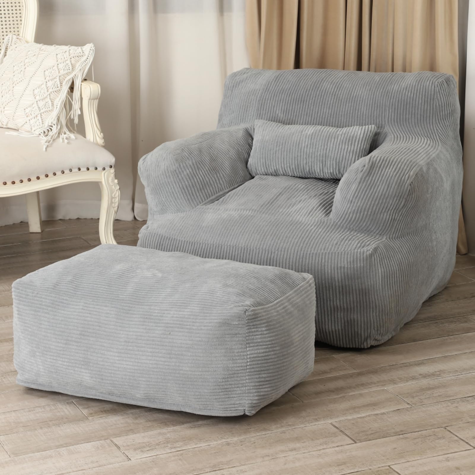 Large Bean Bag Chairs for Adults - Oversized Bean Bag Sofa with Ottoman, Comfy Reading Chair for Dorm, Living Room & Bedroom - Light Grey - Perfect for Relaxing, Gaming & Movie Nights