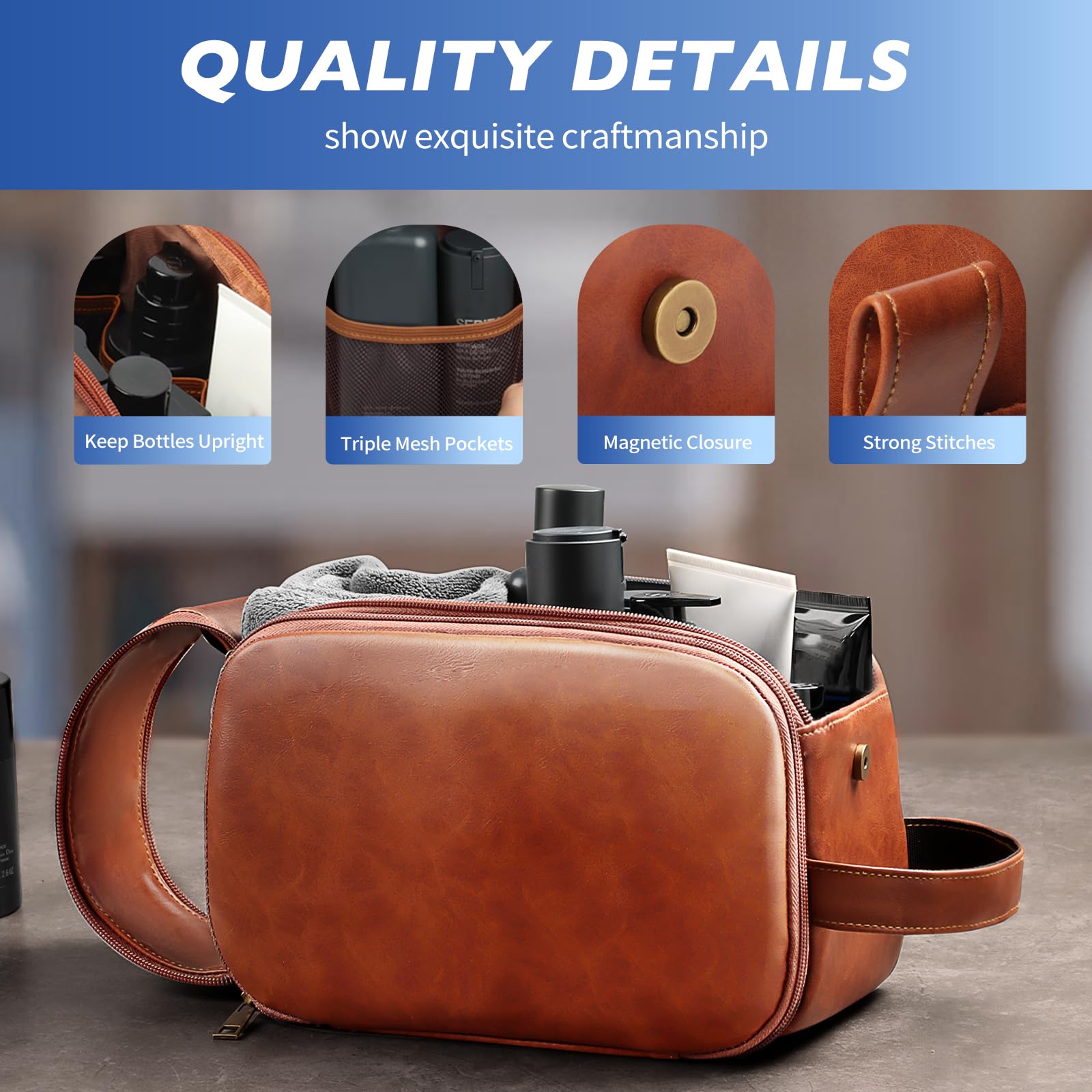 HOTOR Waterproof Leather Travel Toiletry Bag for Women & Men - Compact Toiletries Organizer with Handle, Cruise & Airplane Essentials, Brown Medium Size - Perfect for Weekend Trips, Business Travel & Vacation Packing