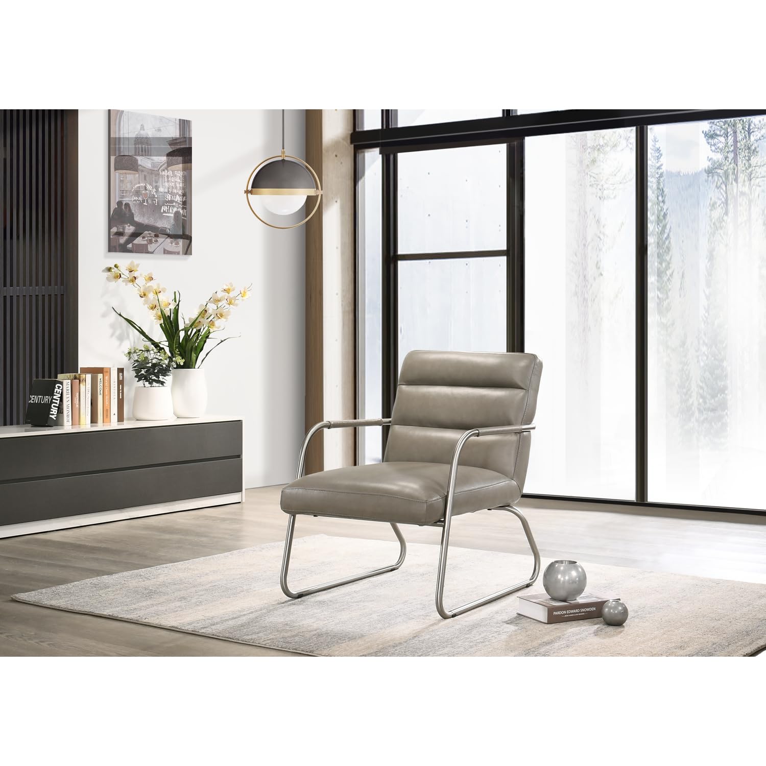 Premium Spencer Stainless Steel & Grey Leather Lounge Accent Chair - Modern Living Room Furniture for Home Office, Reading Nook & Relaxation