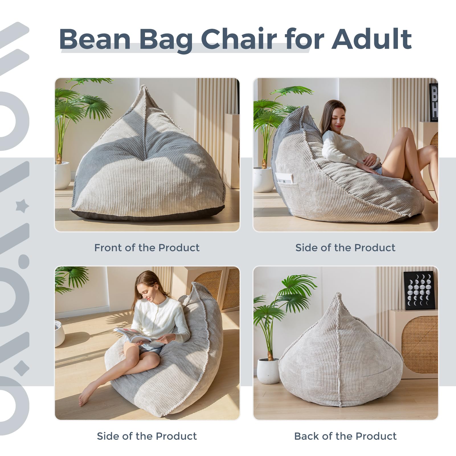 MAXYOYO Corduroy Bean Bag Chair for Adults - Soft Lazy Sofa 43x41x35 Inches with Filler - Grey Comfortable Lounge Chair for Living Room, Bedroom & Game Room