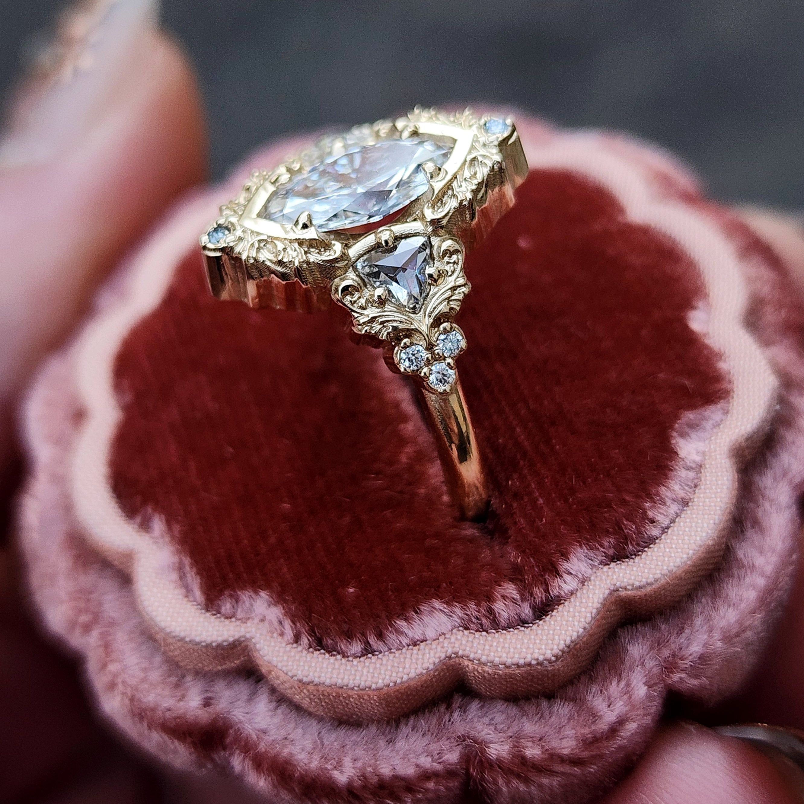 Delilah Engagement Ring with Trillion Side Stones & Gold Scroll Details - Fairytale Maximalist Marquise Diamond Ring for Weddings, Proposals & Anniversary Gifts