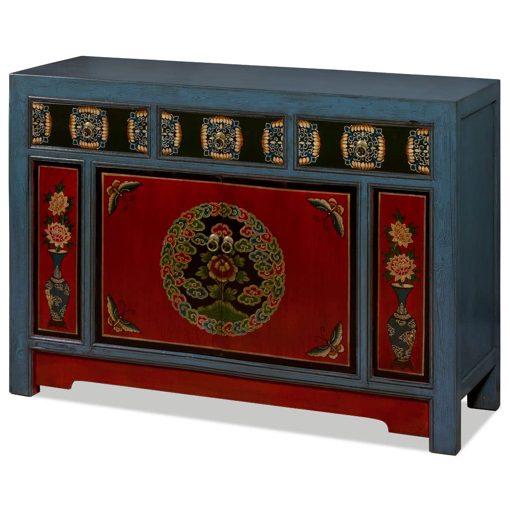 Antique Tibetan Cabinet with Elmwood Peony & Butterfly Motif - Handcrafted Asian Furniture for Home Decor, Living Room Storage, Meditation Space