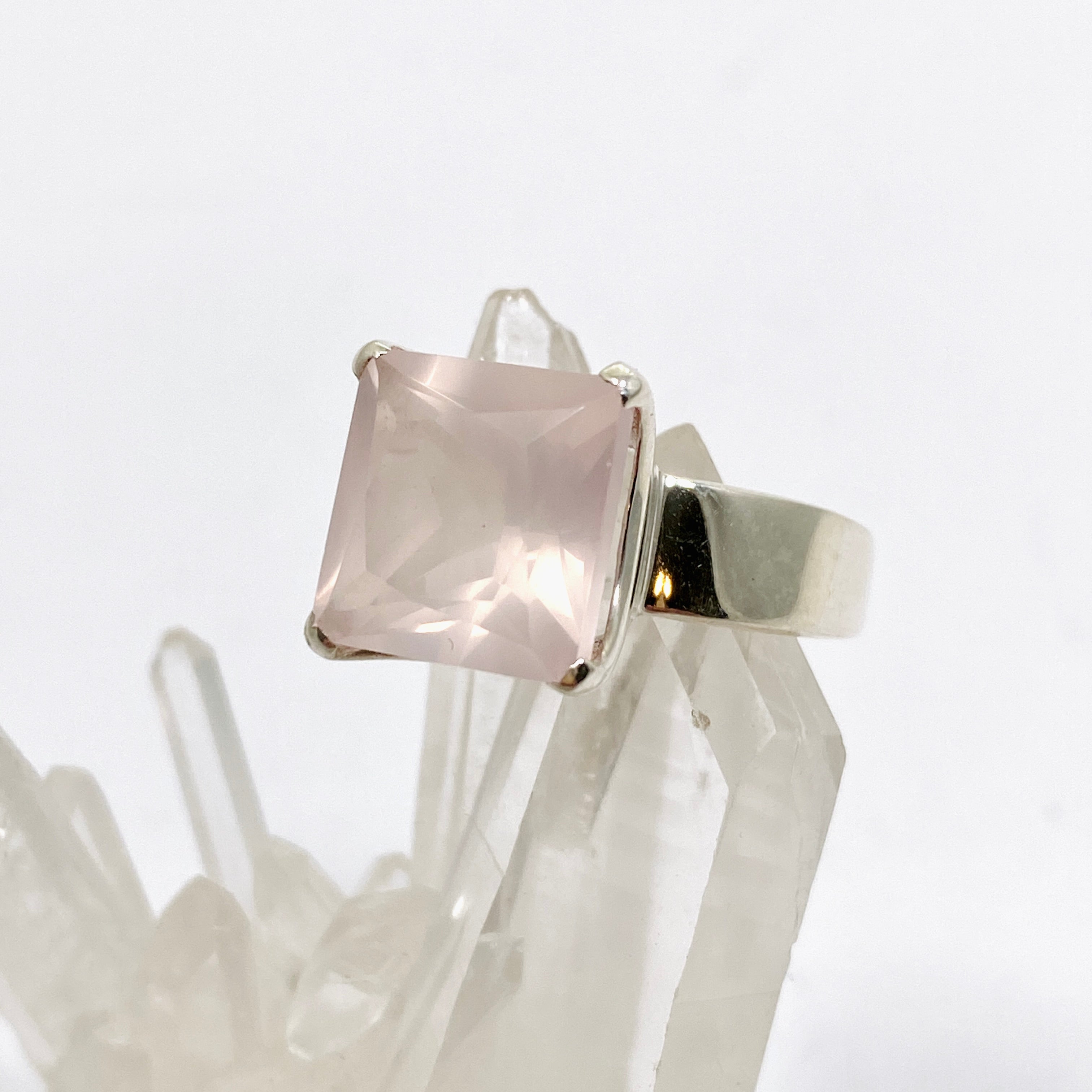 Rose Quartz Square Faceted Ring Size 9 - PRGJ878 - Elegant Healing Crystal Jewelry for Women, Perfect for Meditation, Yoga & Spiritual Gifts