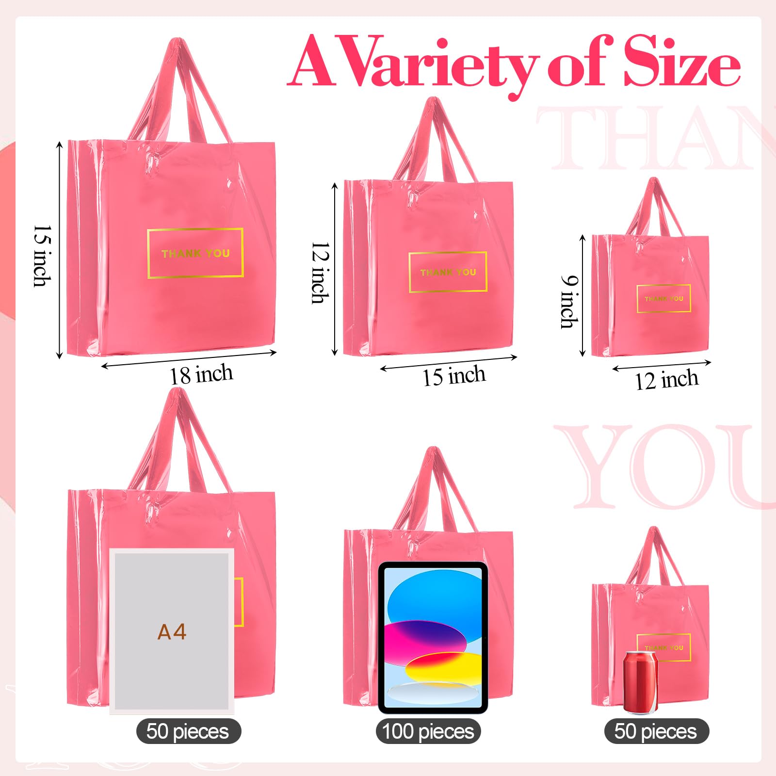 200 Pcs Pink Thank You Plastic Bags Bulk - 9x12
