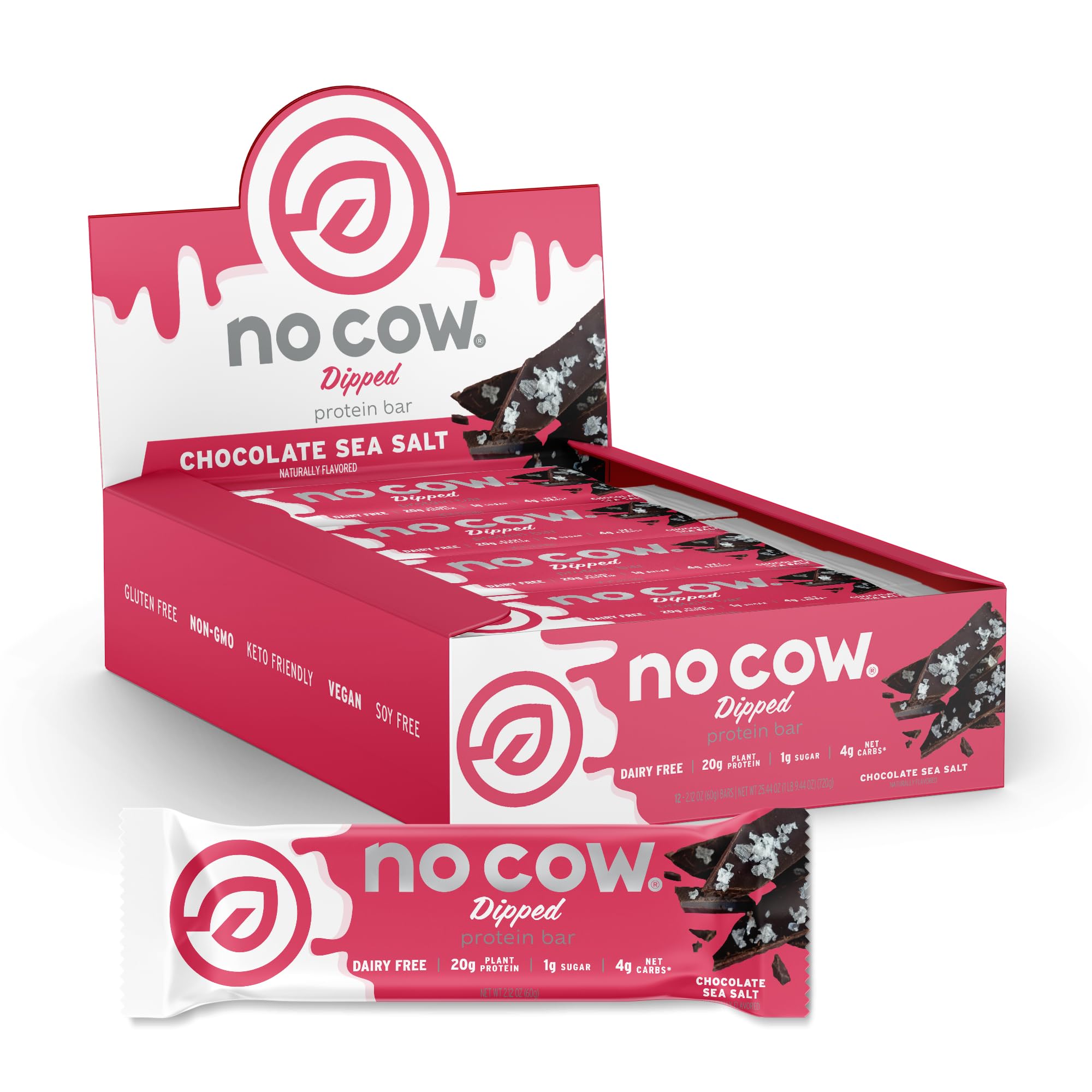 No Cow High Protein Bars, Chocolate Sea Salt - 20g Vegan Protein, Low Sugar, Keto Friendly, Dairy & Gluten Free, High Fiber Healthy Snacks (12 Count) - Perfect for Gym, Hiking & On-the-Go Nutrition