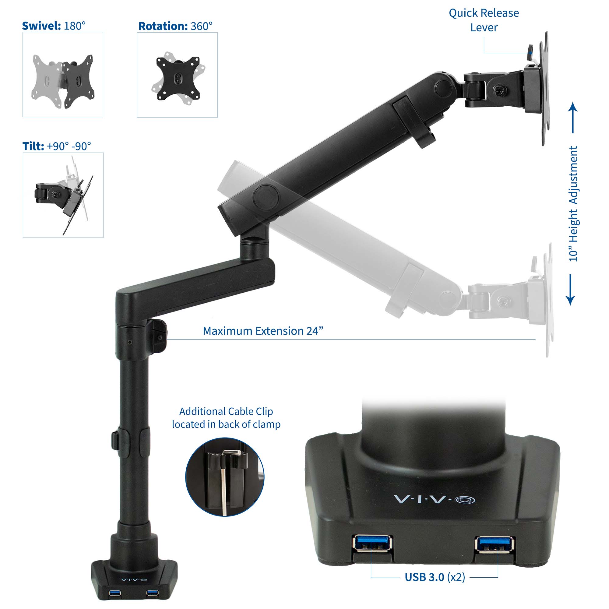 Adjustable Single Monitor Desk Mount Stand with USB Port - Ergonomic Mechanical Arm for Home Office, Gaming & Workspace Setup