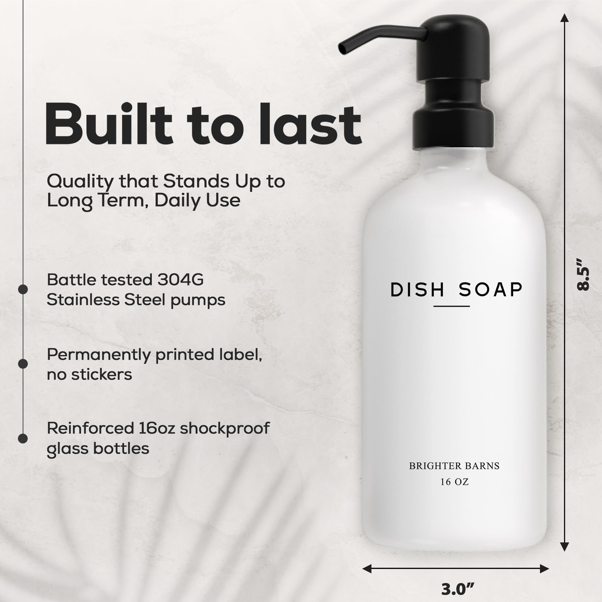 Brighter Barns White Glass Hand & Dish Soap Dispenser Set with Stainless Steel Pump - Farmhouse Style Kitchen & Bathroom Decor - Perfect for Sink Countertops, Guest Baths & Rustic Home Décor