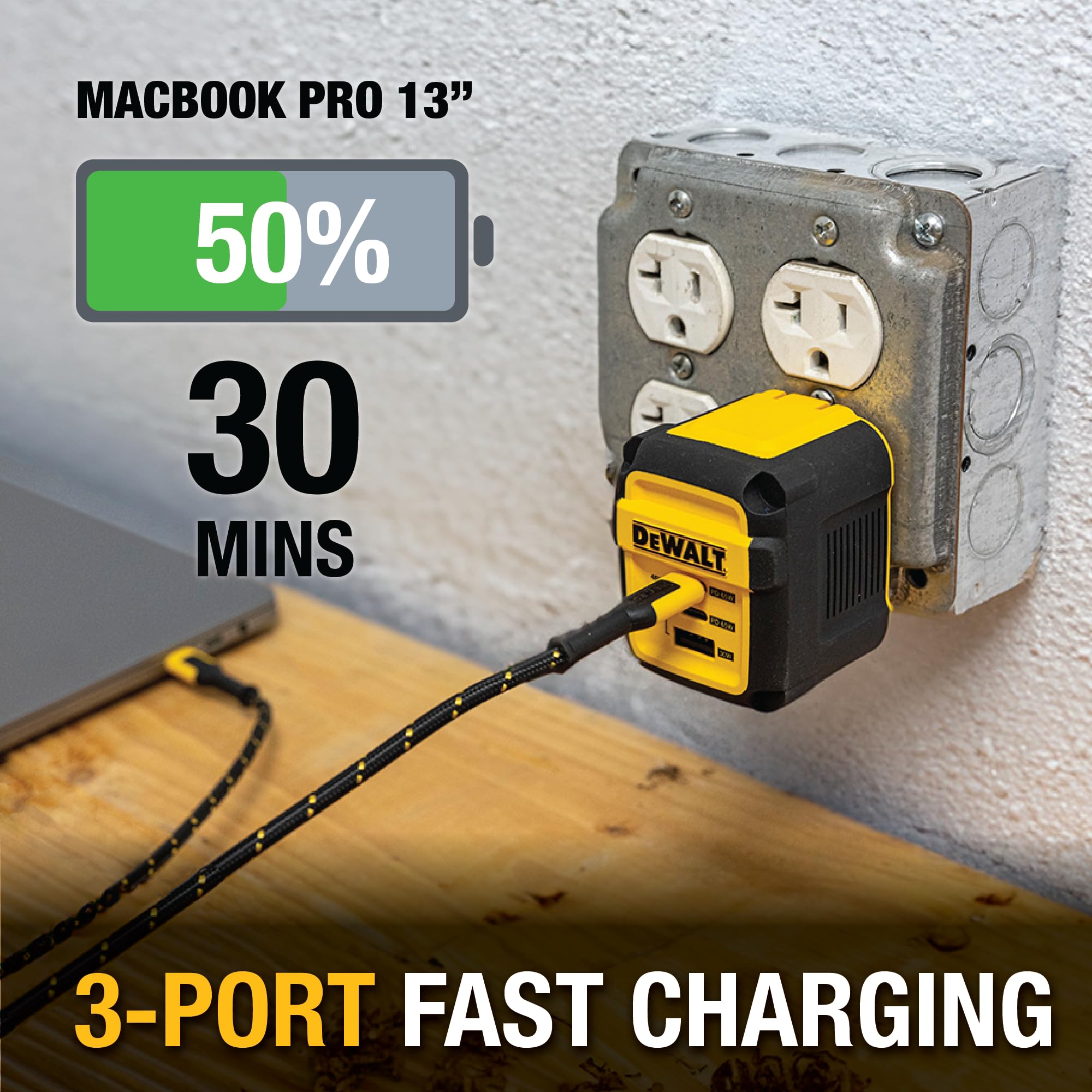 DEWALT 65W GaN USB C Fast Charger with PPS - 3-Port Compact Foldable Wall Charger for MacBook Pro/Air, iPad Pro, Galaxy S23, Dell XPS 13, iPhone 15/Pro, Steam Deck - Perfect for Travel, Office & Home Charging