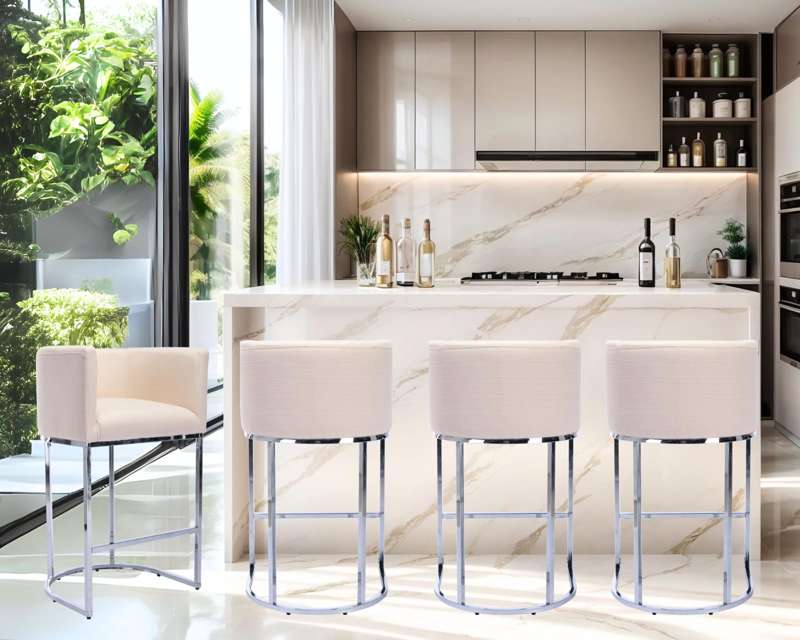 Modern Counter Height Linen Fabric Upholstered Kitchen Stools Set of 4 - 29 Inch Cream Counter Stools with Chrome Metal Frame for Kitchen Island, Breakfast Bar & Dining Room