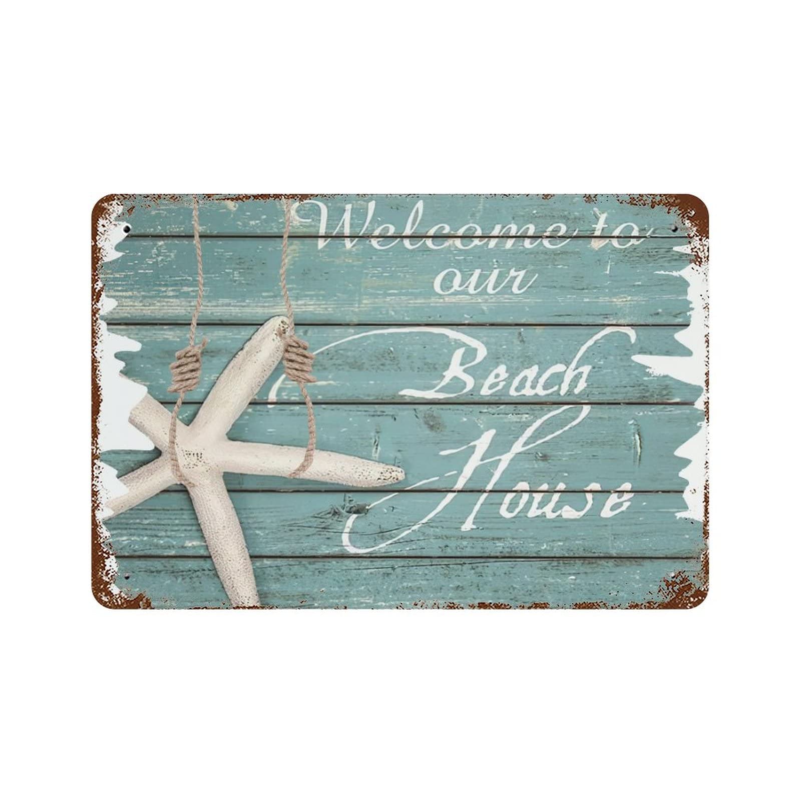 Vintage Coastal Welcome Sign - 8x12 Inch Beach House Metal Decor with Seashell & Starfish Design - Perfect for Porch, Patio, or Bar Wall Art