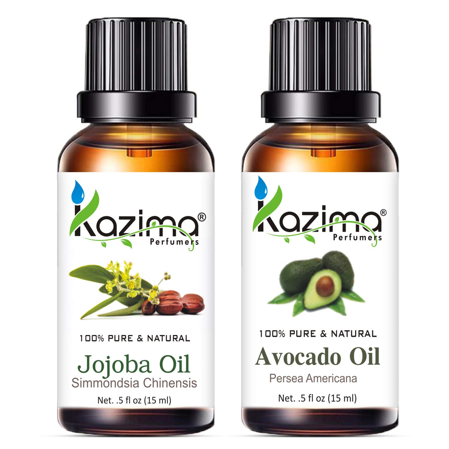 KAZIMA 100% Pure Jojoba Oil & Avocado Oil Combo - Undiluted Natural Moisturizer for Skin, Hair Care, Acne Treatment & Anti-Wrinkle (15ml Each) | Face Serum, Massage Oil & DIY Beauty Recipes