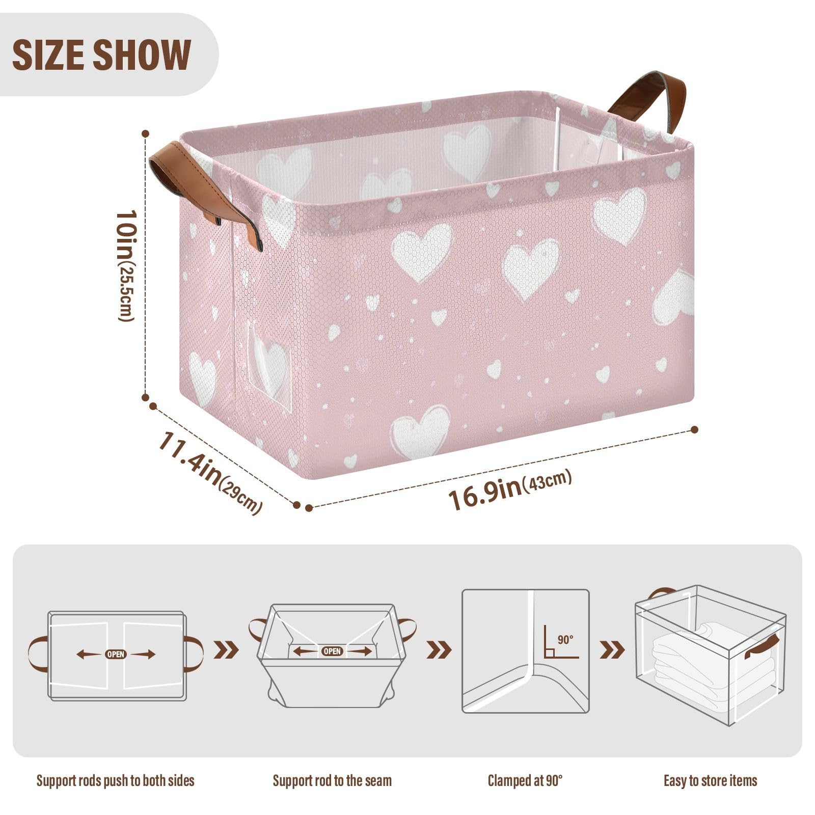 Cartoon Cute Peach Valentine Heart Fabric Storage Bins with Handles - 2 Pack Home Organizer Baskets for Books, Shelves & Closet | Perfect for Bedroom, Nursery & Office Organization