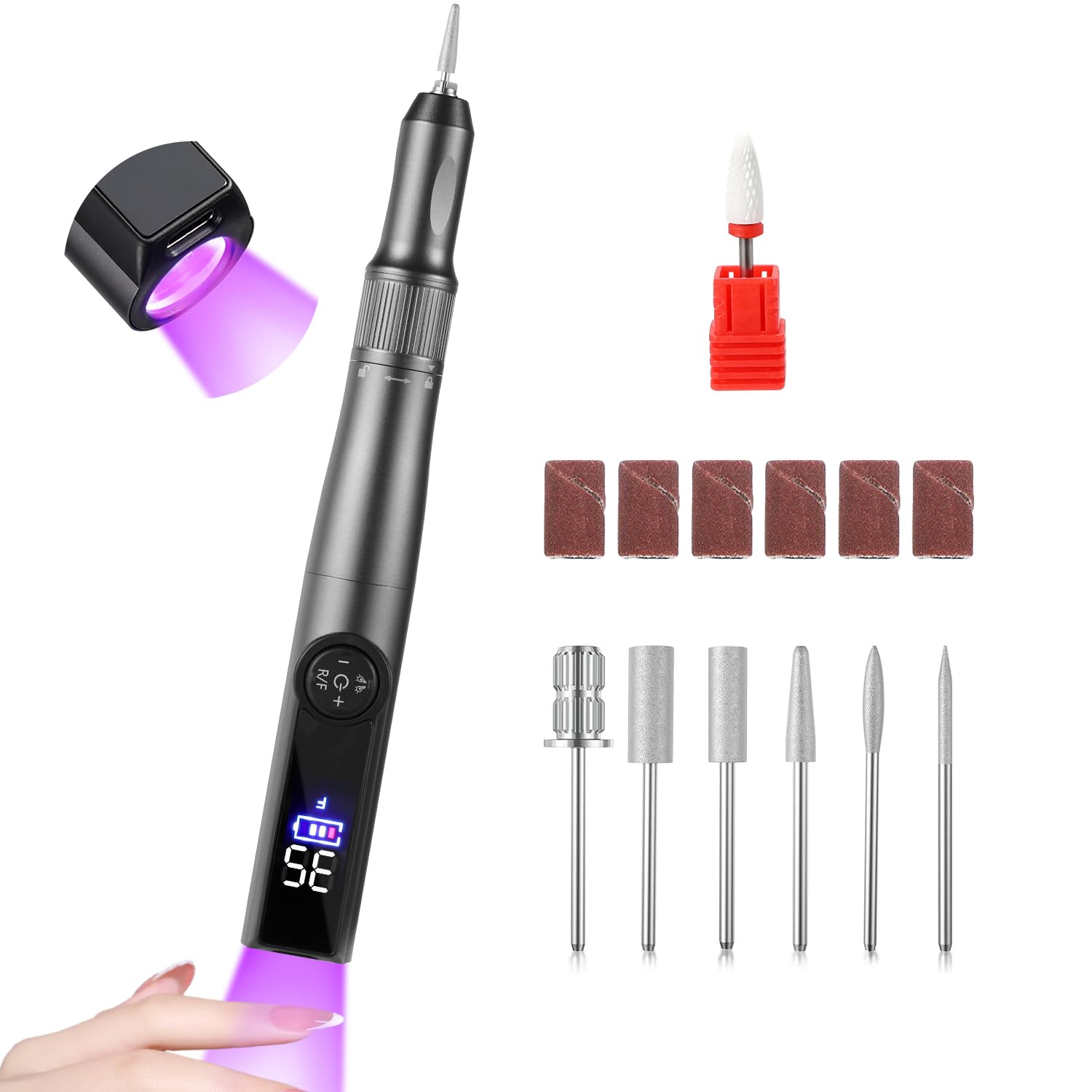 Professional Cordless Electric Nail Drill Kit with UV LED Light - 35000RPM Rechargeable Nail File with LCD Display & 7 Attachments - Portable Manicure Tool for Gel Polish Curing, Nail Art & Acrylic Removal - Perfect for Home Salon & Professional Nail Technicians