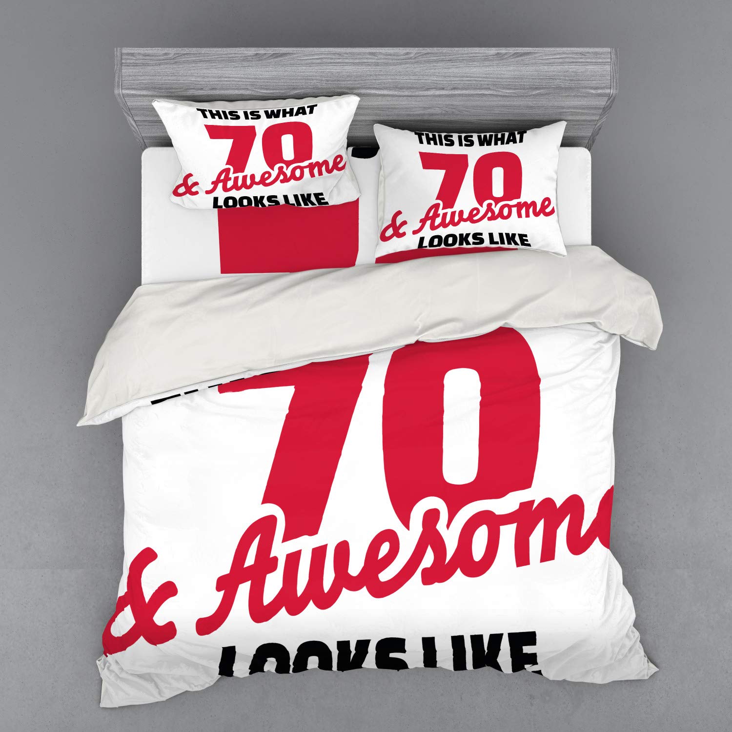 Ambesonne 70th Birthday Duvet Cover Set - 4 Piece King Size Bedding with Shams & Fitted Sheet - Dark Coral & White Design - Perfect for Anniversary Celebrations & Guest Room Decor