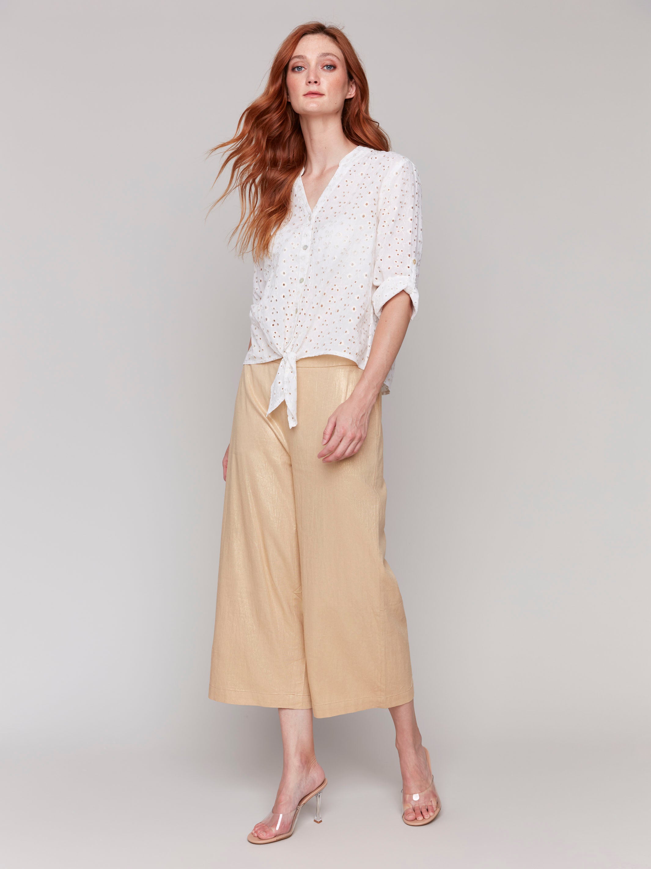Gold Foil Linen Blend Cropped Pull On Pants - Women's High Waisted Casual Lounge Pants for Summer, Beach & Yoga