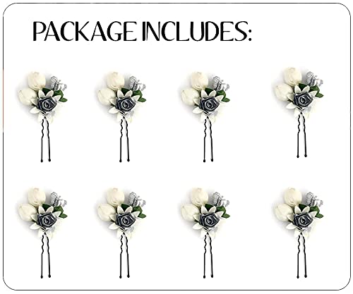 Artificial Small Rose Flower Hair Pins with Mogra - Bridal Wedding Hair Accessories for Women & Girls (Silver, Pack of 8) - Perfect for Weddings, Parties & Everyday Hairstyles