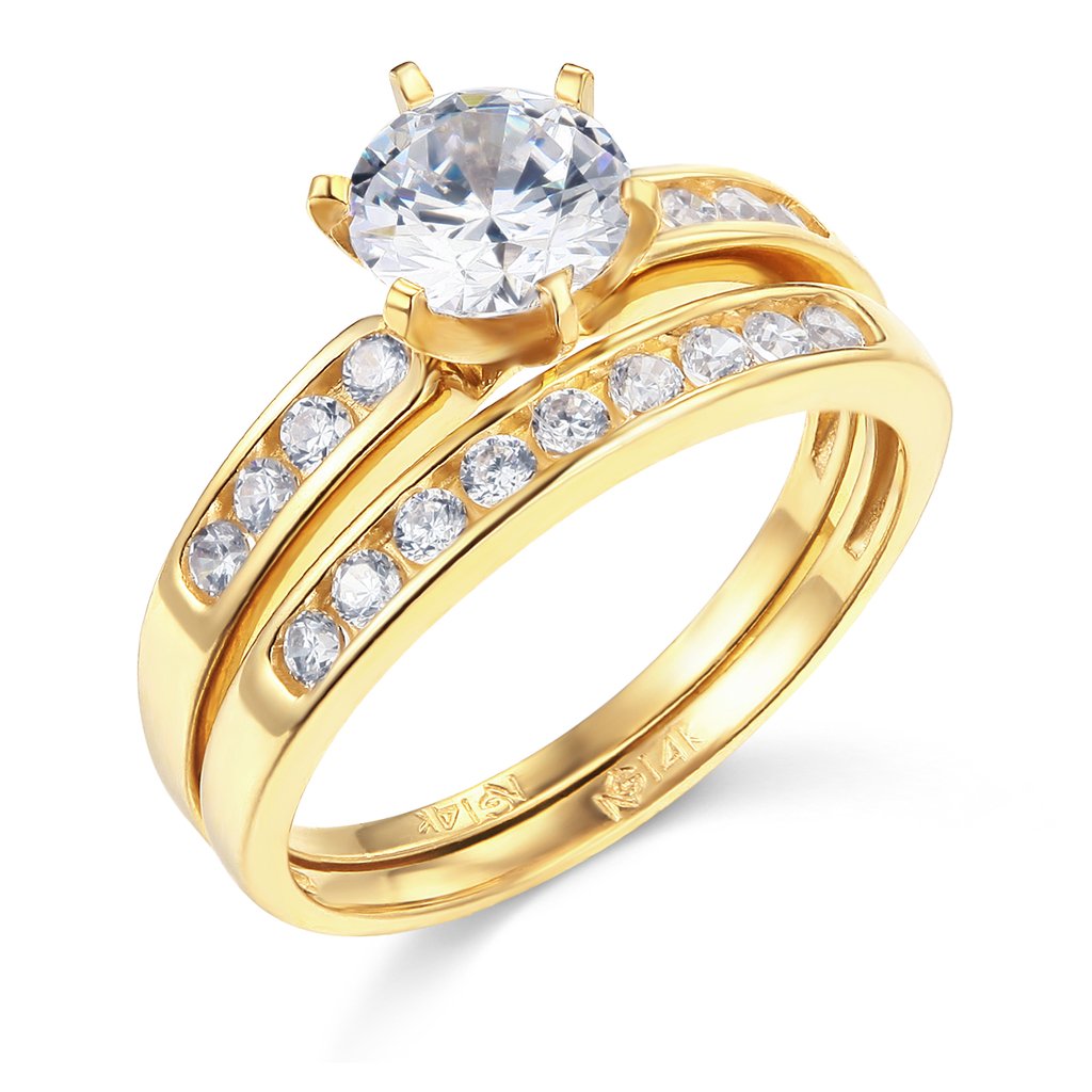 14K Solid Yellow Gold Wedding Engagement Ring and Wedding Band Set - Size 7 | Classic Bridal Jewelry for Proposals, Anniversaries & Special Occasions