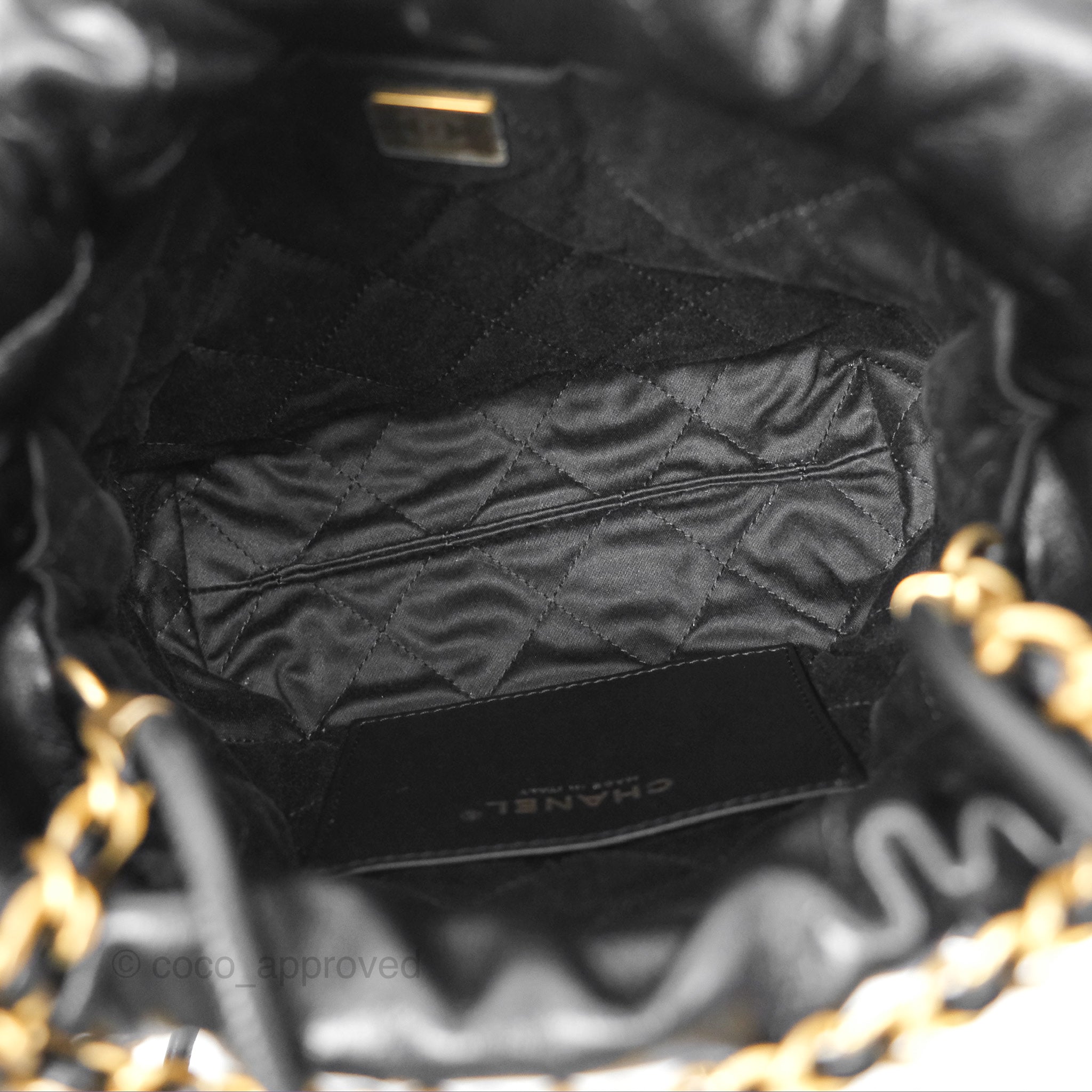 Chanel 22 Mini Bag with Pearl Chain - Black Shiny Crumpled Calfskin Leather Crossbody Purse for Women | Luxury Designer Handbag for Evening Parties, Date Night & Special Occasions