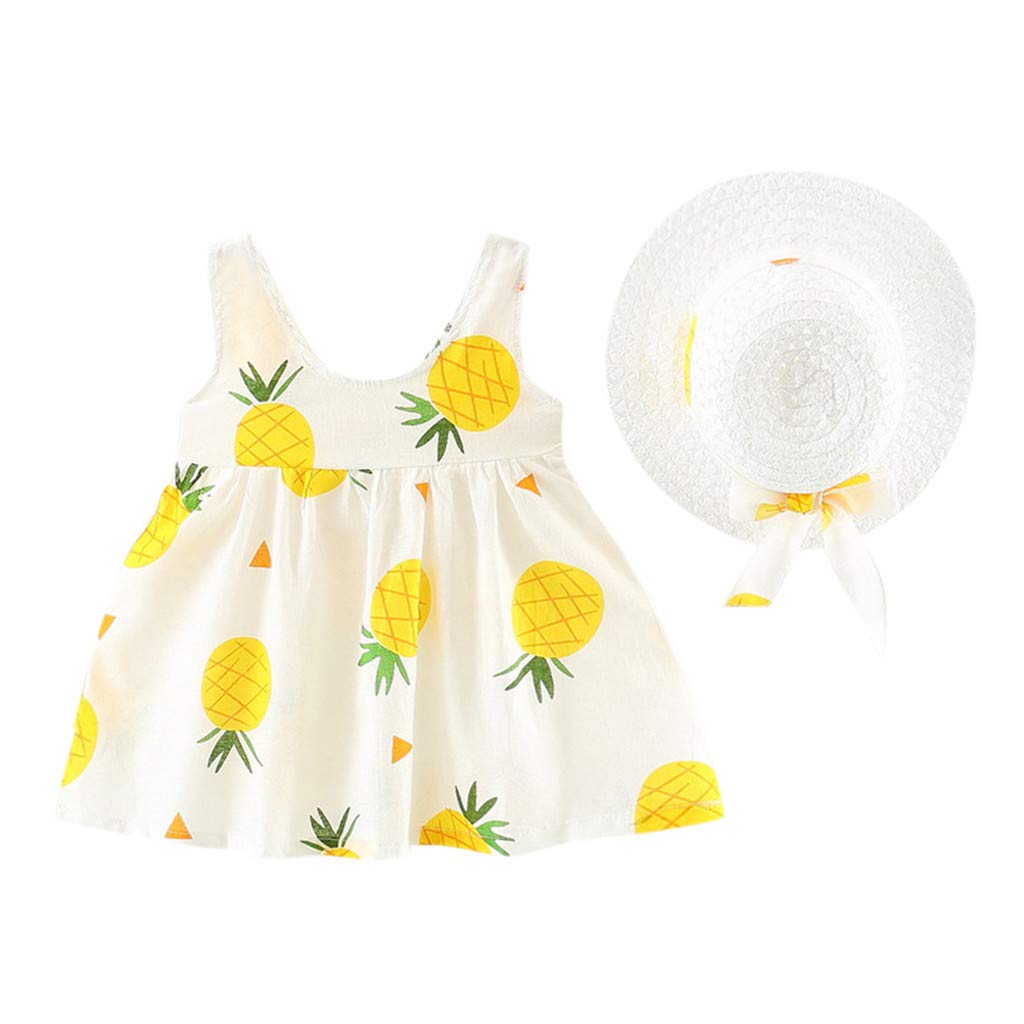 VEFSU Toddler Baby Girls' Sleeveless Pineapple Princess Floral Dress with Bow Hat Outfit - Perfect for Summer Playdates, Beach Parties & Photoshoots