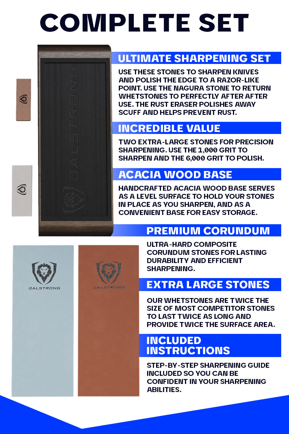 Premium Whetstone Sharpening Kit - #1000/#6000 Grit with Nagura Stone & Rust Eraser - Professional Knife Sharpener for Kitchen, Hunting & Outdoor Tools - Dalstrong ©