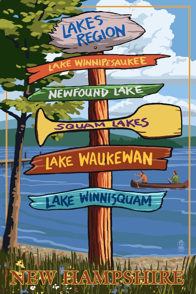 Lakes Region New Hampshire Destinations Sign - 24x36 Signed Art Print, Wall Decor Poster for Home & Office - Perfect for Living Room, Bedroom, or Cabin Decor
