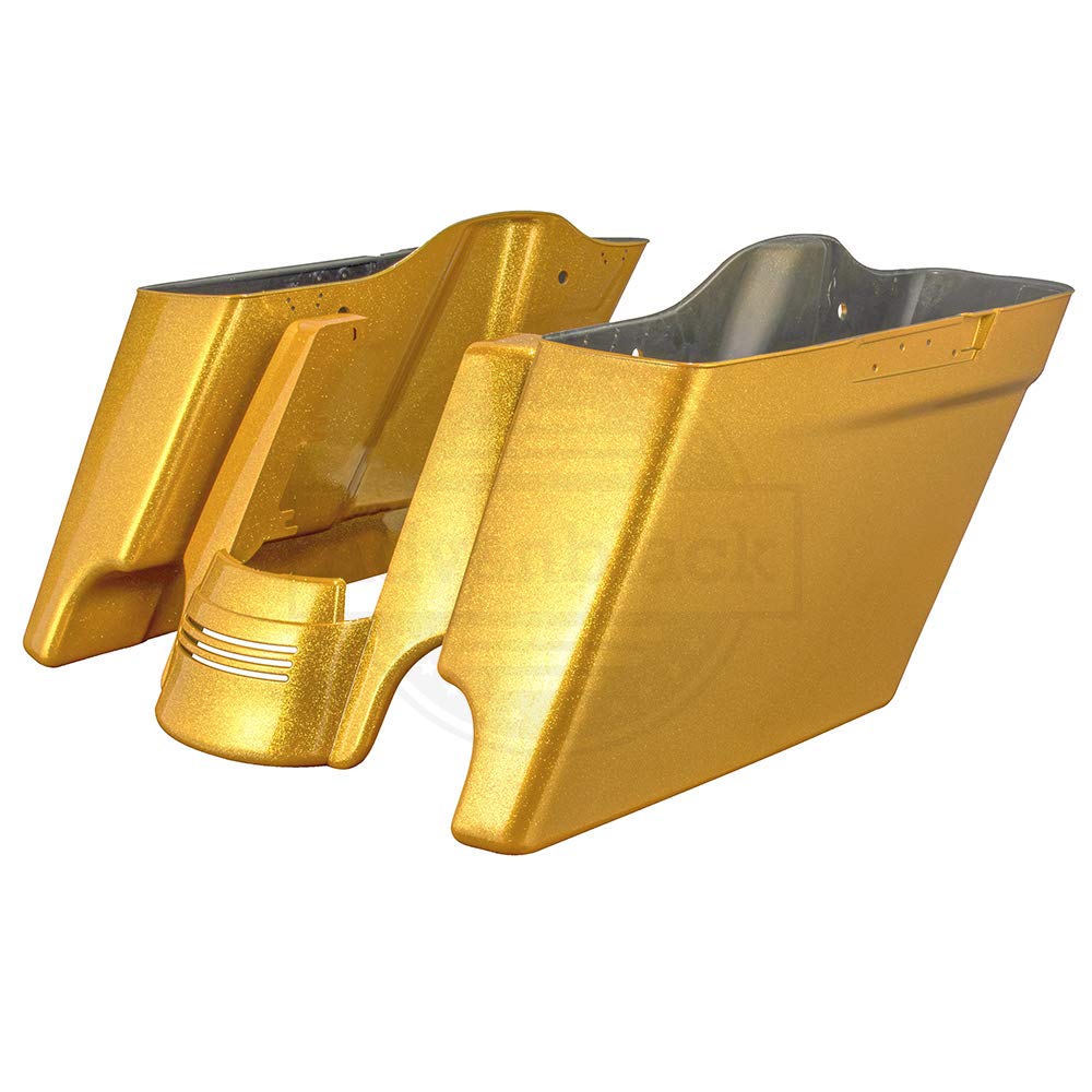 Gold Flake Harley Stretch Motorcycle Saddle Bags & Fender Extensions - Premium Accessories for 2014+ Harley Davidson Touring Bikes - Perfect for Long Rides & Road Trips