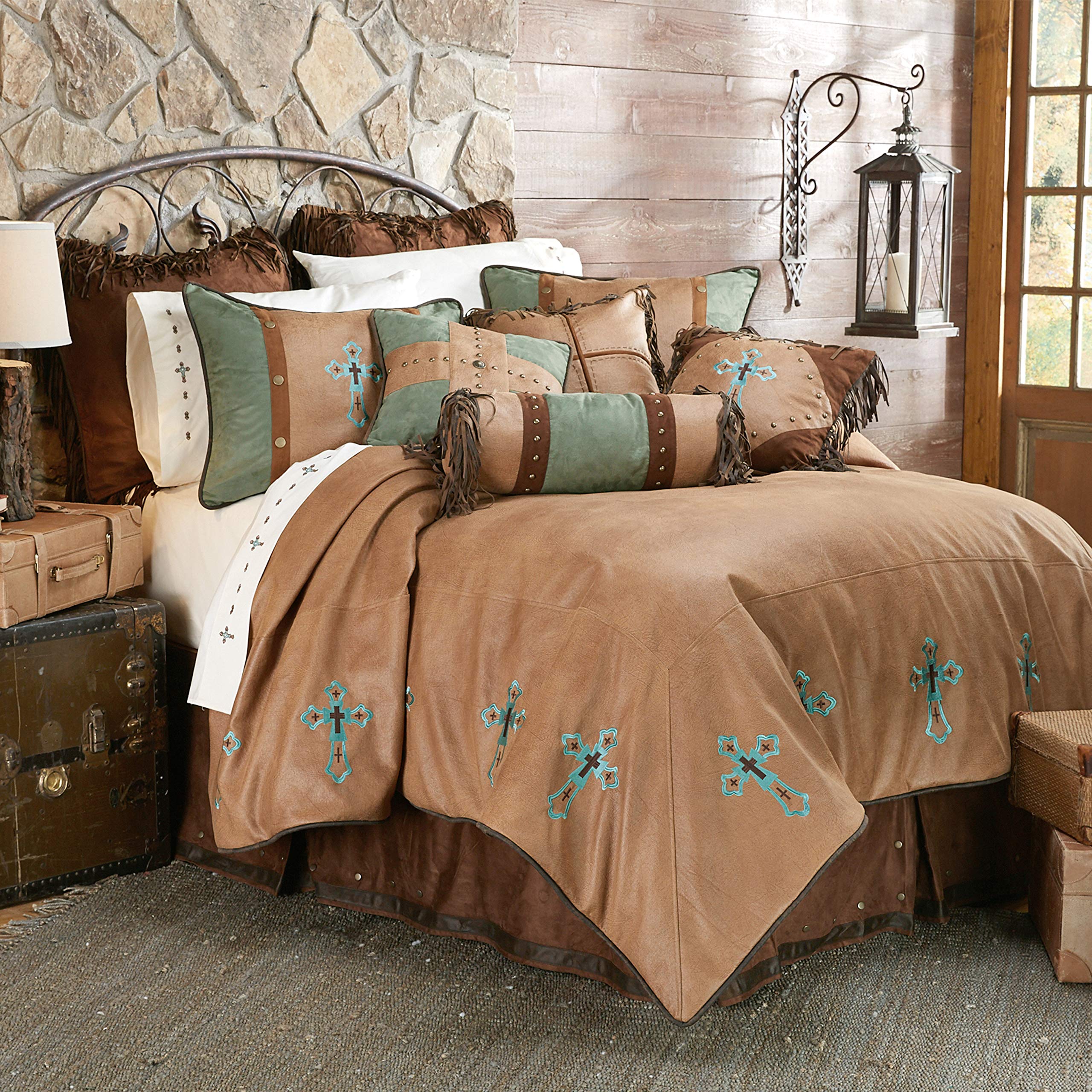 HiEnd Accents Las Cruces II Western Bedding Set - 5 Piece Super Queen Comforter with Cross Embroidery in Tan & Turquoise | Includes Bed Skirt, Pillow Shams & Neckroll | Rustic Southwestern Style for Master Bedroom, Guest Room or Cabin Retreat