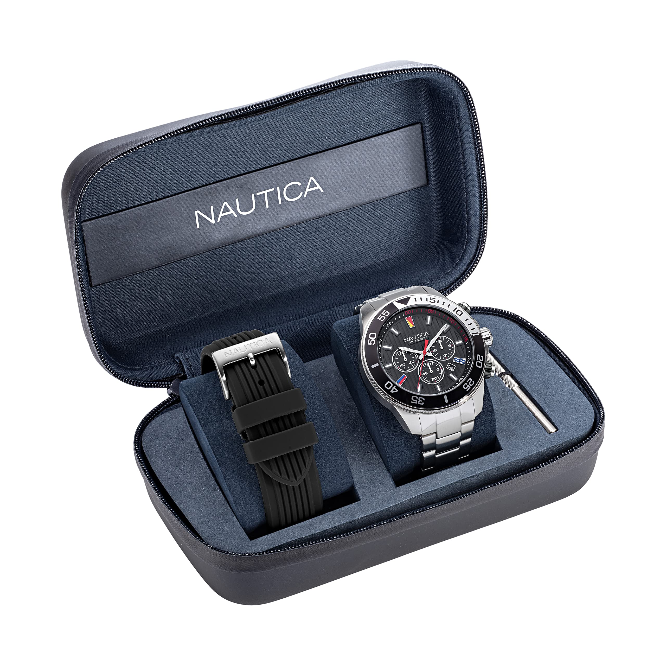 Nautica Men's NAPNOS306 Eco-Friendly Watch - 85% Recycled Stainless Steel Bracelet & Black Silicone Strap - Waterproof Casual & Dress Watch for Everyday Wear