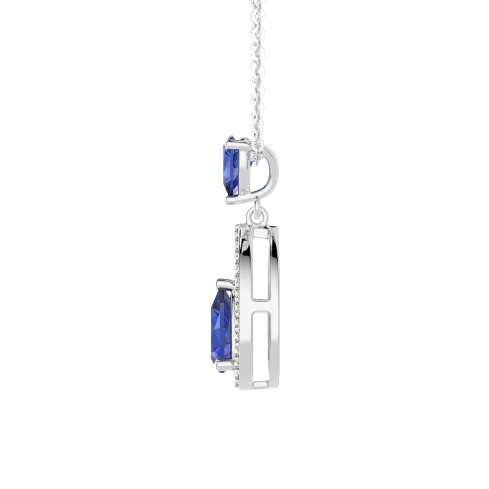 Blue Sapphire Drop Pendant & Halo Stud Earrings Set - Sterling Silver Jewelry Gift for Women, Birthday, Anniversary, Wedding | Elegant Necklace and Earrings for Party, Date Night, Special Occasions