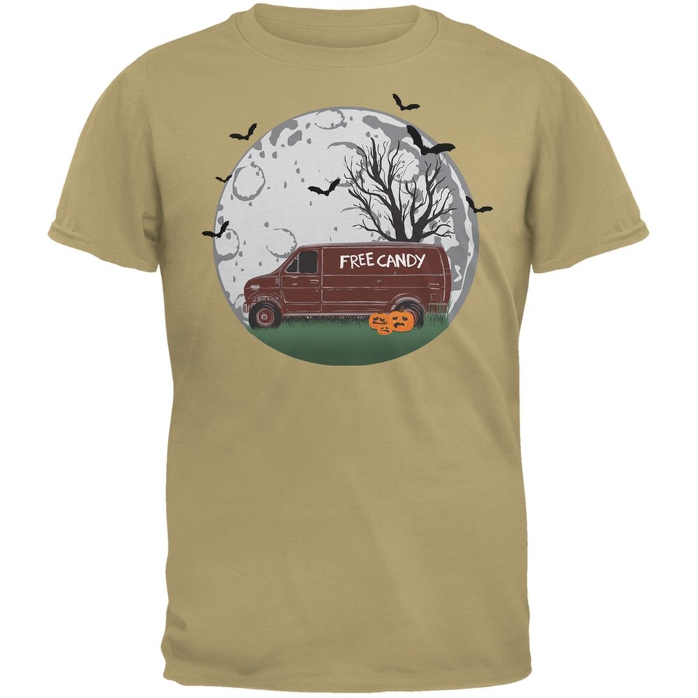 Halloween Free Candy Van Tan Adult T-Shirt - Funny Vintage Horror Movie Inspired Tee for Costume Parties & Spooky Events