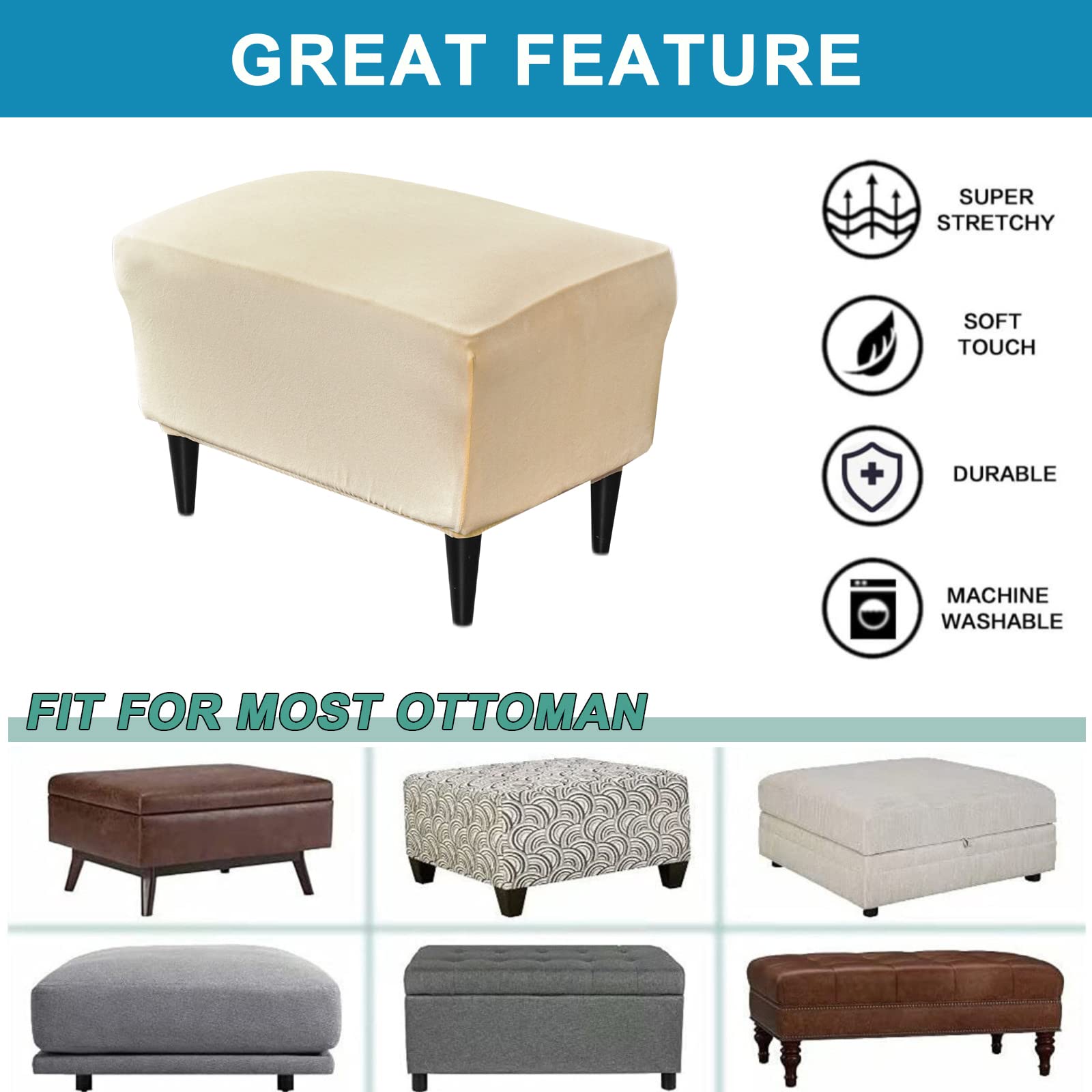 Premium Velvet Ottoman Chair Cover X-Large - Stretchable Rectangle Storage Stool Slipcover with Elastic Bottom for Footrest, Sofa & Furniture Protection (15