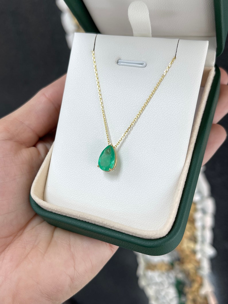 2.71 Carats 14K Gold Pear Cut Colombian Emerald Solitaire Pendant Necklace with 3-Prong Slider - Elegant Jewelry for Weddings, Anniversaries & Special Occasions