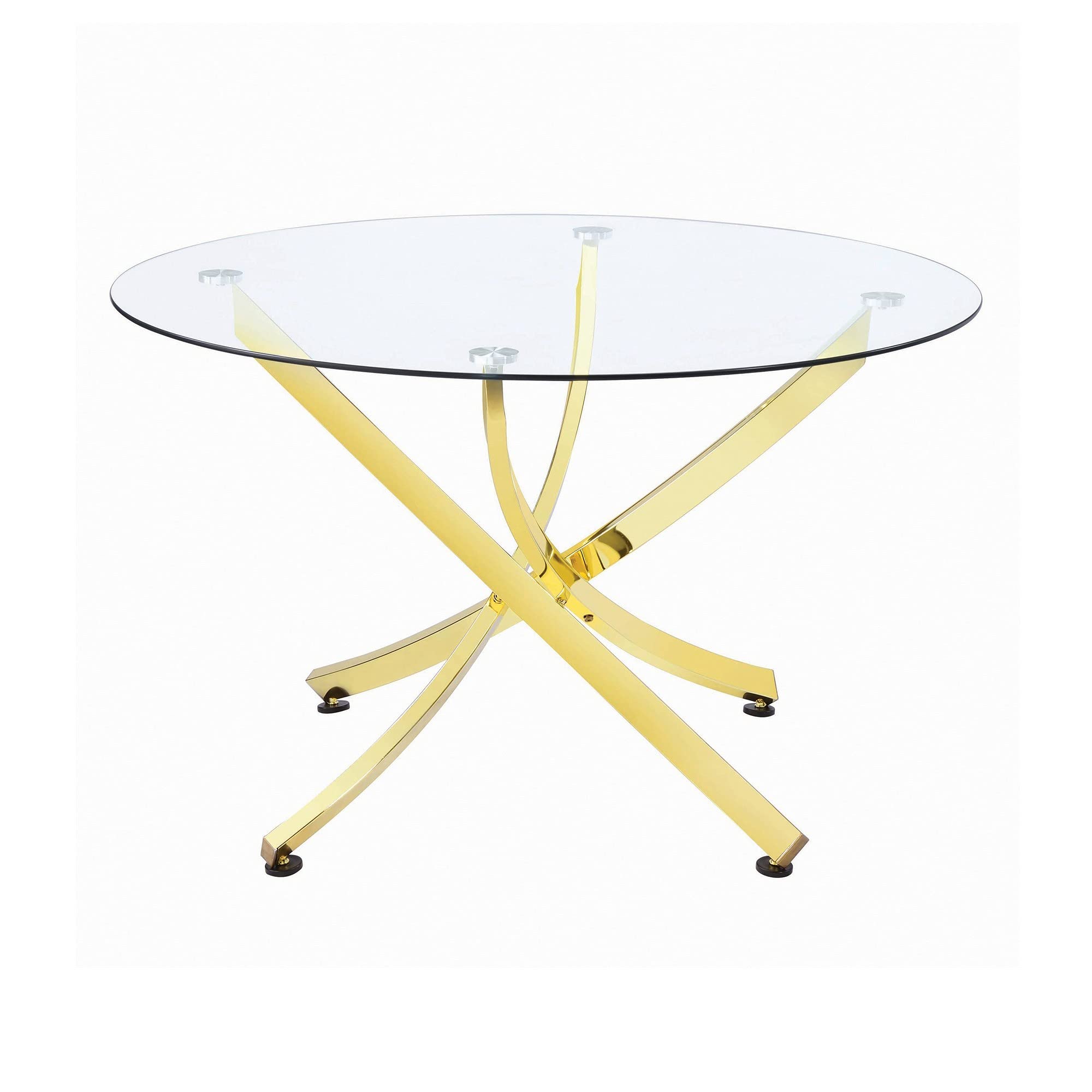 Benjara Modern Dining Table with Tempered Glass Top & Curved Gold Metal Base - Perfect for Small Spaces, Apartments & Contemporary Dining Rooms
