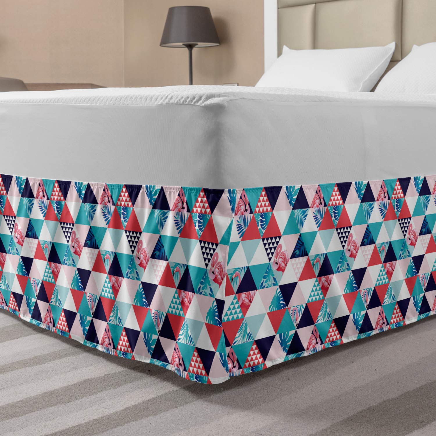 Ambesonne Flamingo Bed Skirt - Geometric Triangle Beach Design with Elastic Wrap Around, Queen Size Multicolor Bedroom Decor for Coastal & Tropical Themed Rooms