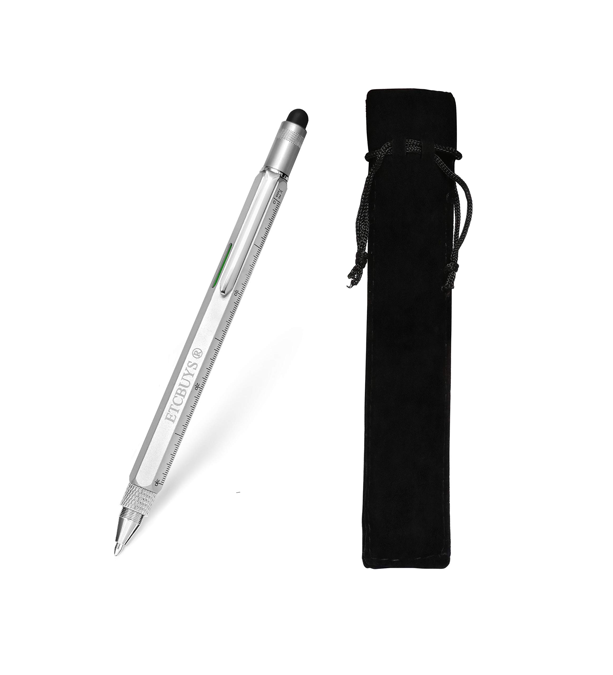 6-in-1 Multi-Functional Aluminum Screwdriver Pen Tool with Stylus, Bubble Level, Ruler & Phillips/Flathead Bits - Durable Pocket Multi-Tool for DIY, Home Repair, Office & Outdoor Activities - Perfect Gift Idea (Silver)