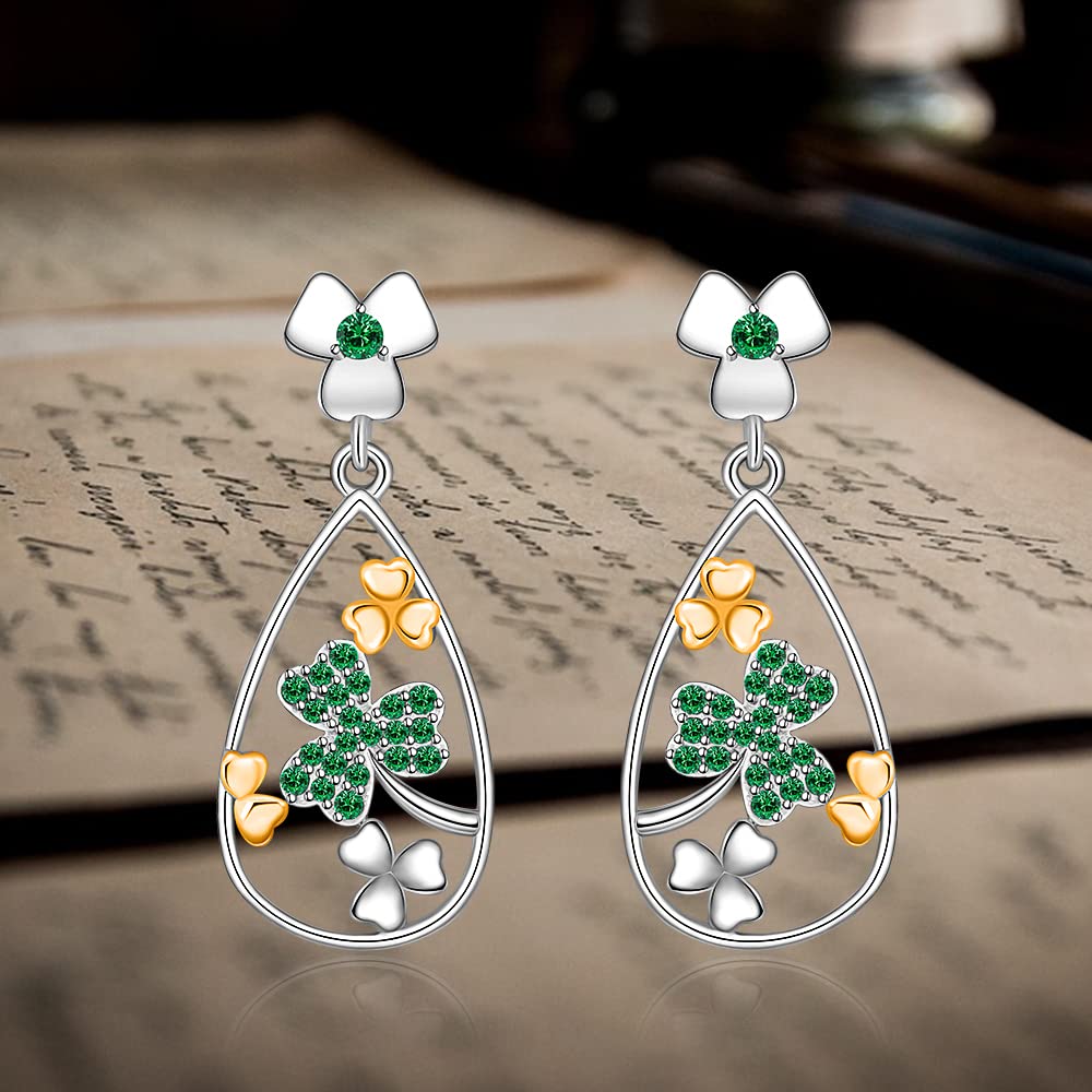 St. Patrick's Day Shamrock Earrings for Women - Sterling Silver Four Leaf Clover Dangle Earrings, Irish Lucky Green Clover Jewelry Gift for Her - Perfect for St. Patrick's Day Parties, Irish Weddings & Everyday Luck