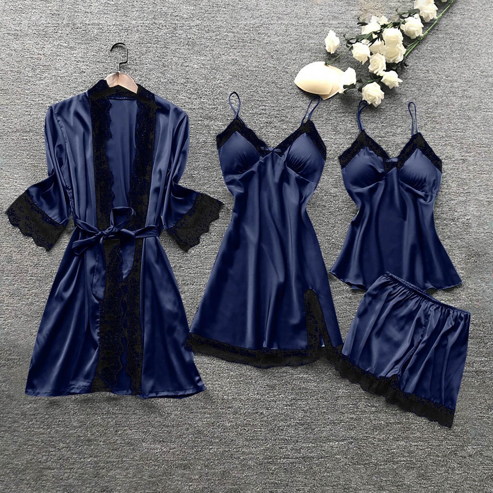 Luxury 4-Piece Silk Pajama Set for Women - Soft Lace Trim Robe & Nightgown Sleepwear Lounge Outfit for Comfortable Sleep & Relaxation at Home