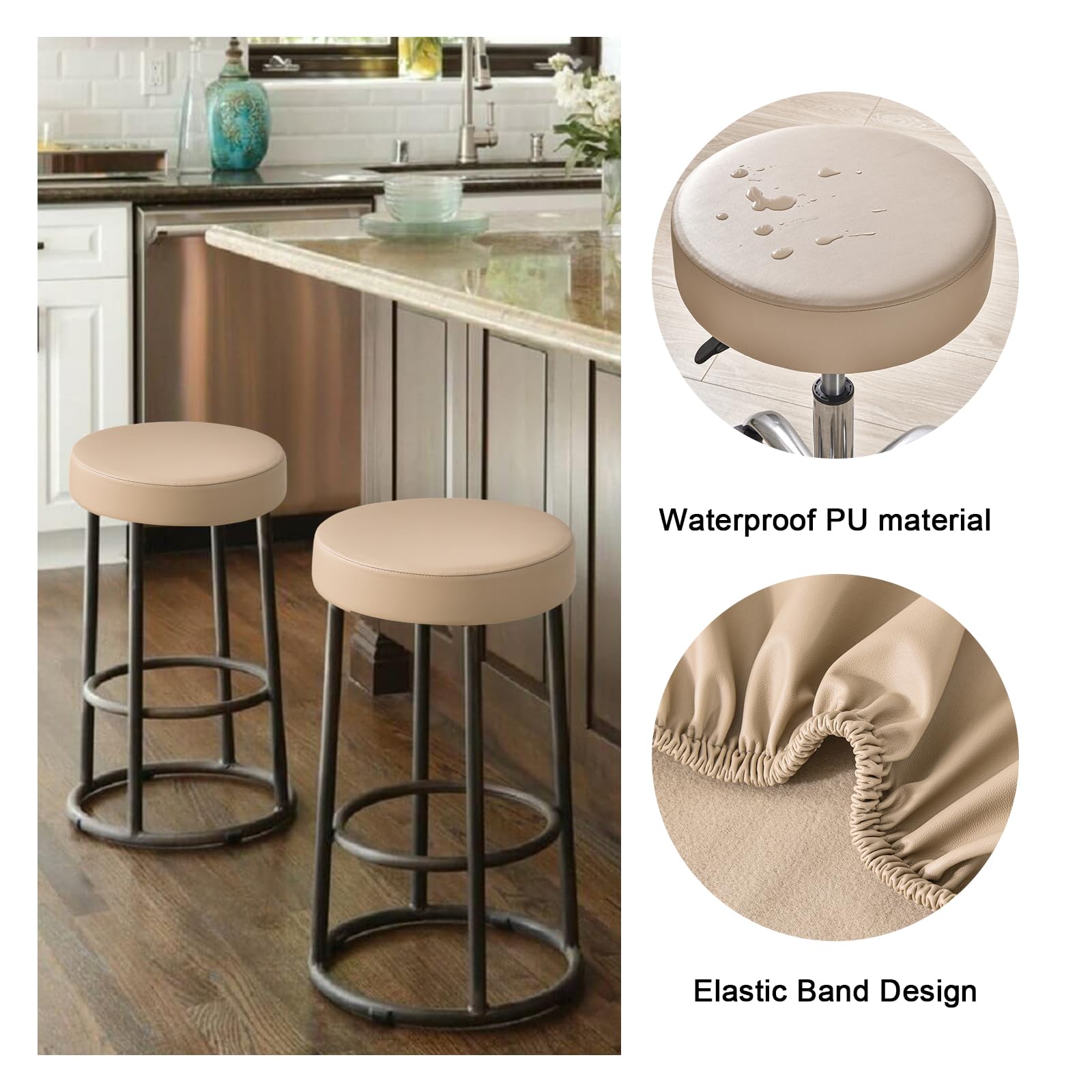 Waterproof PU Bar Stool Covers Set of 2 - Elastic Slipcovers for 12-15 Inch Stools, Washable Khaki-Nude Seat Cushions | Perfect for Kitchen Counter, Breakfast Nook & Home Bar Decor