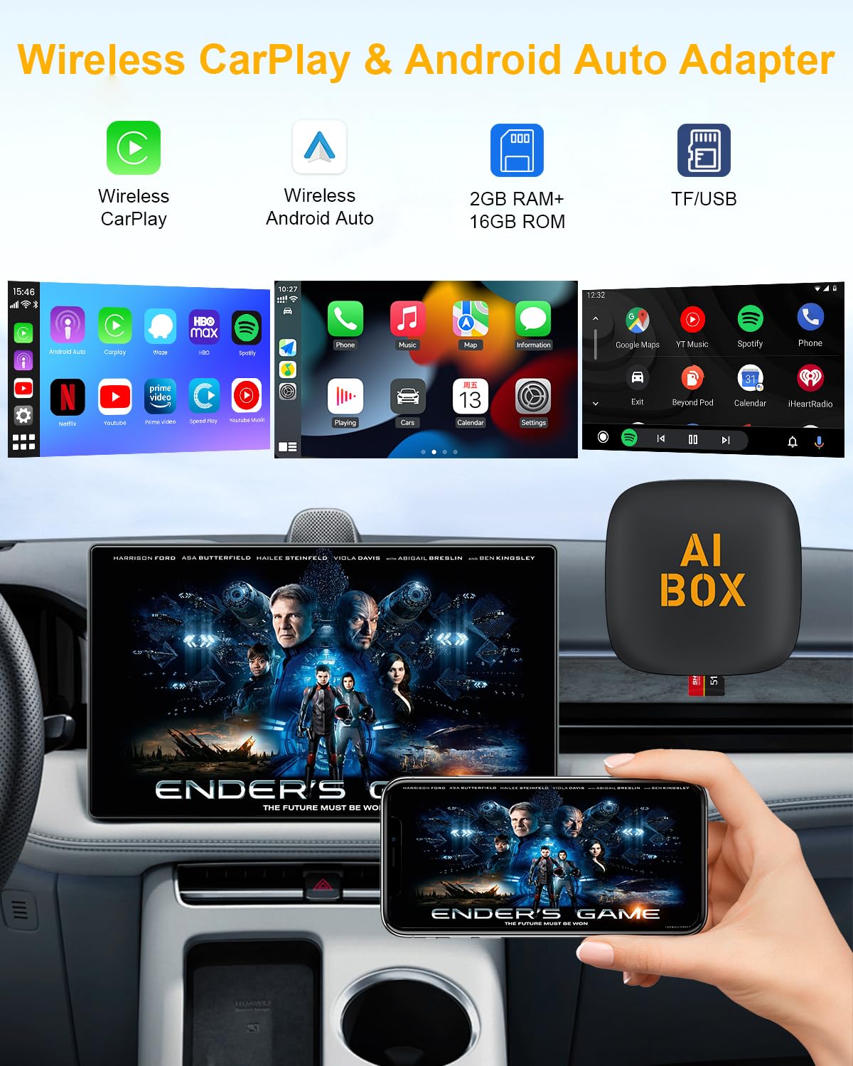 Wireless CarPlay Adapter & Android Auto Wireless Dongle - Magic Link AI Box for Netflix/YouTube/TF Card/USB - Converts Wired to Wireless CarPlay - Plug & Play for OEM Cars - Perfect for Road Trips & Commuting