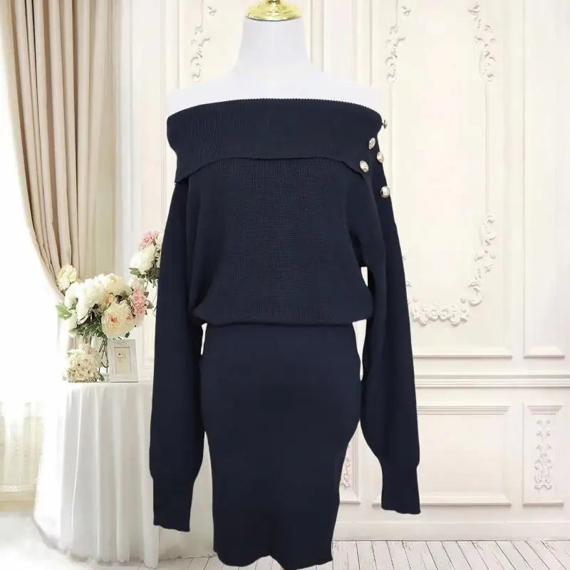 Vintage French Elegant Off Shoulder Long Sleeve Knitted Mini Dress for Women - High Waist Button Design, Solid Color Winter Dress for Party, Date Night & Holiday Outfits